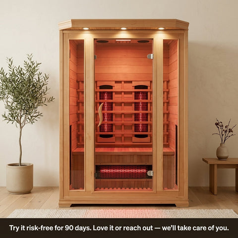 Haven Heat Infrared Sauna, 2 Person, standing in a bright living room with its glass door closed