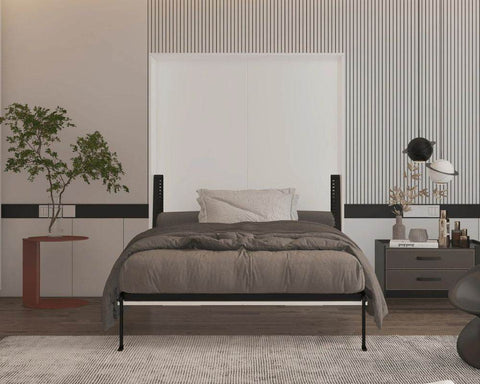 Wallie White Vertical Murphy Bed open in a bedroom with a nightstand beside it