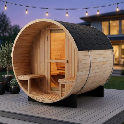 Nordic Porch Barrel Sauna on a backyard deck at dusk, warm light inside behind its glass door