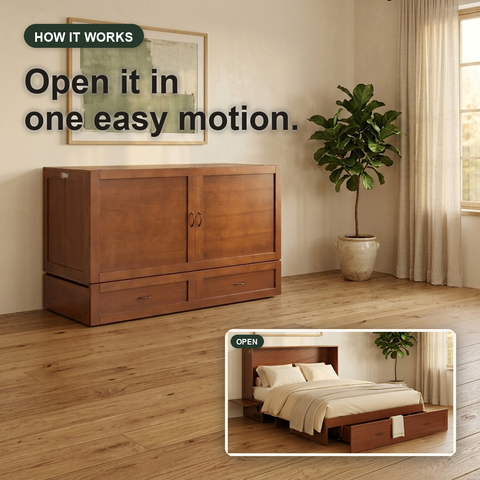 Olivia cabinet bed closed and open, one of seven Murphy bed alternatives