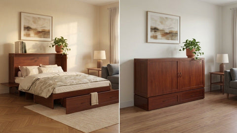 Olivia cabinet bed in cherry shown open as a queen bed on the left and closed as a cabinet on the right