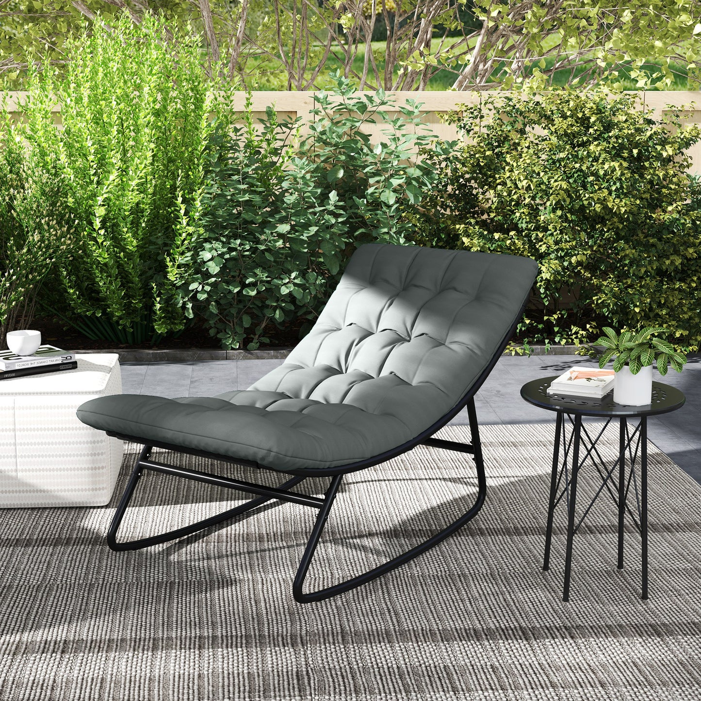 Outdoor Patio Rocking Chair with Cushion, Steel Frame Balcony Chair with Mesh Deep Seat for Porch, Garden, Grey