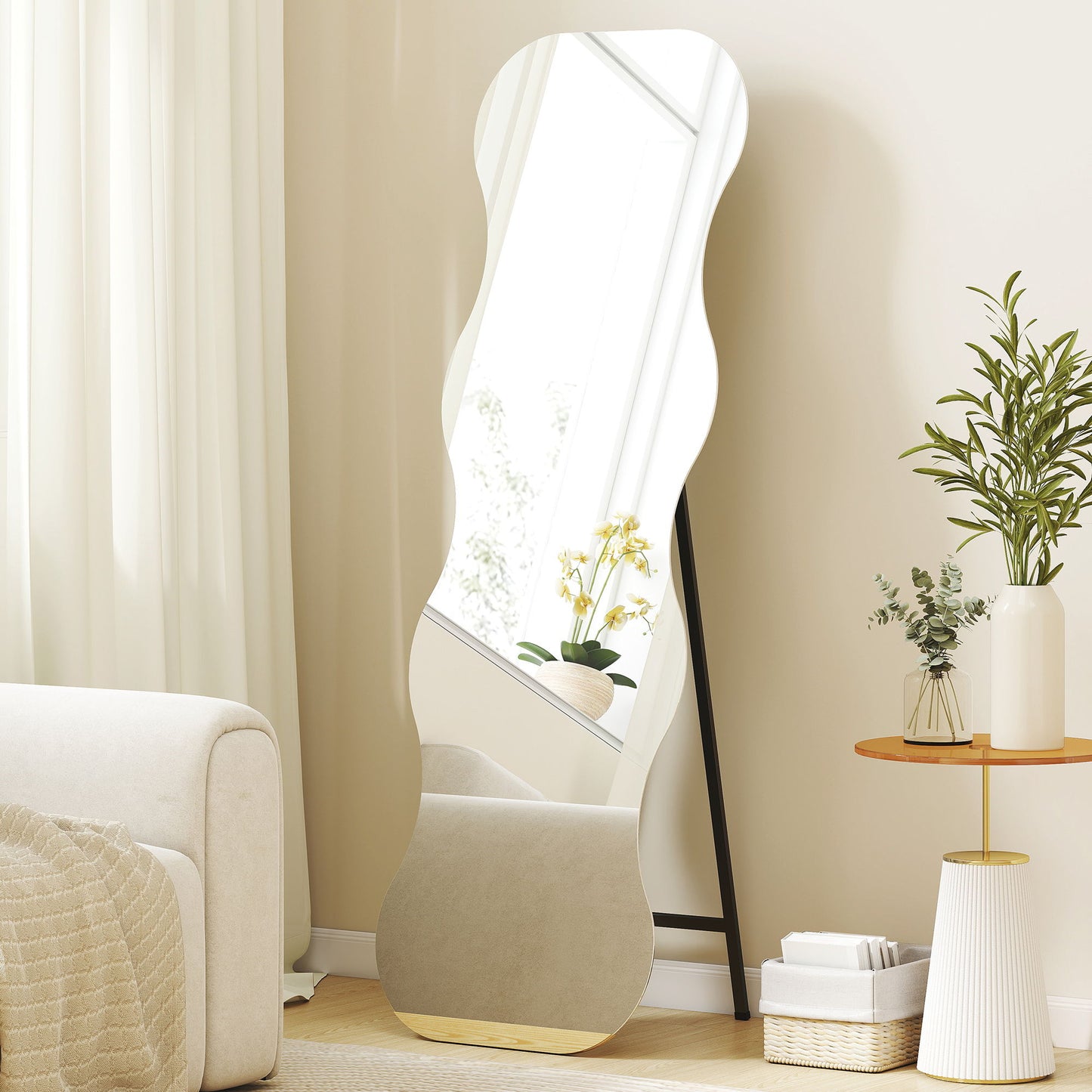 64" x 21" Full Length Mirror, Irregular Wavy Frameless Full Body Mirror with Pine Wood Base for Bedroom, Black