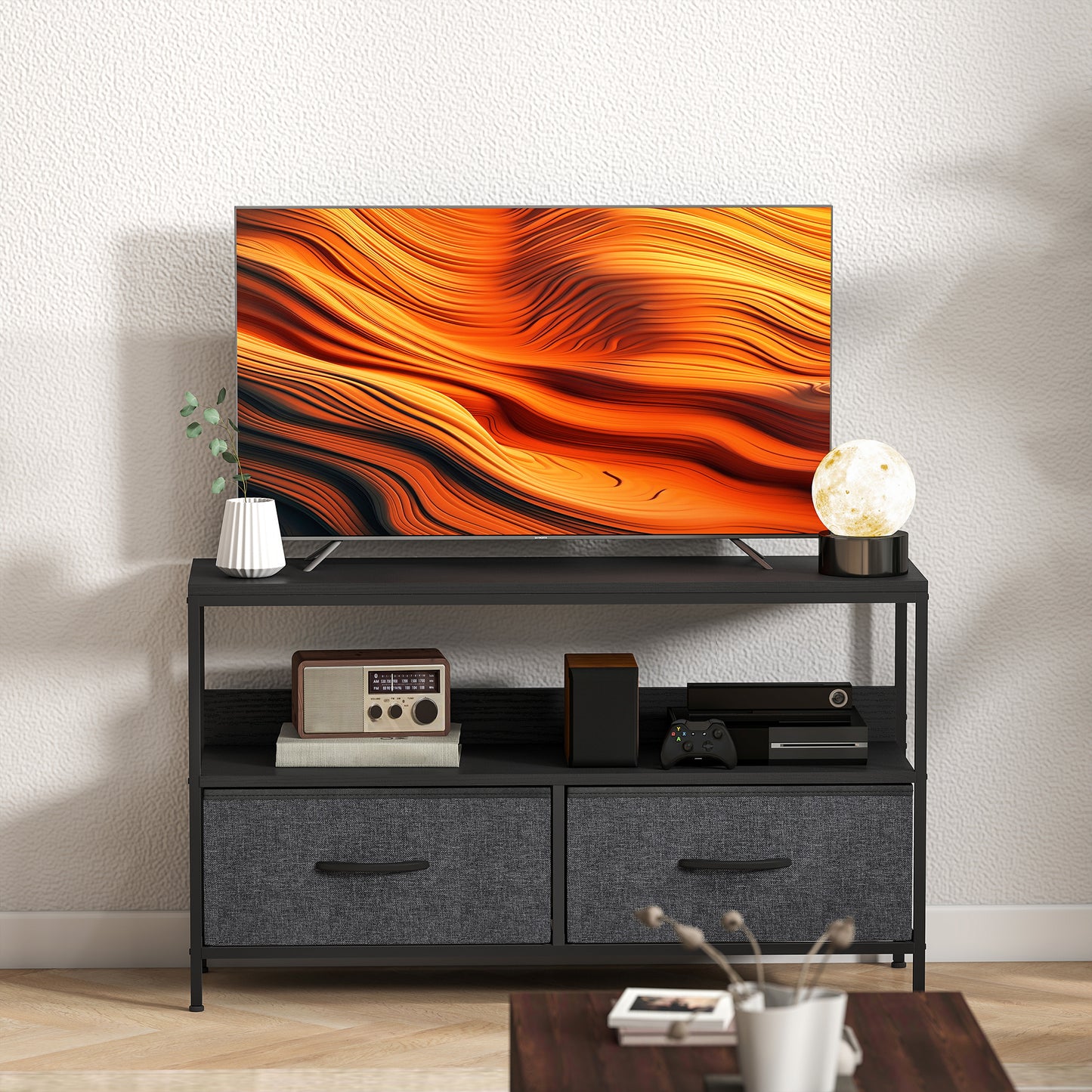 TV Stand with Charging Station, TV Table with 2 Foldable Linen Drawers and Open Shelf for 47 Inch Television, Black