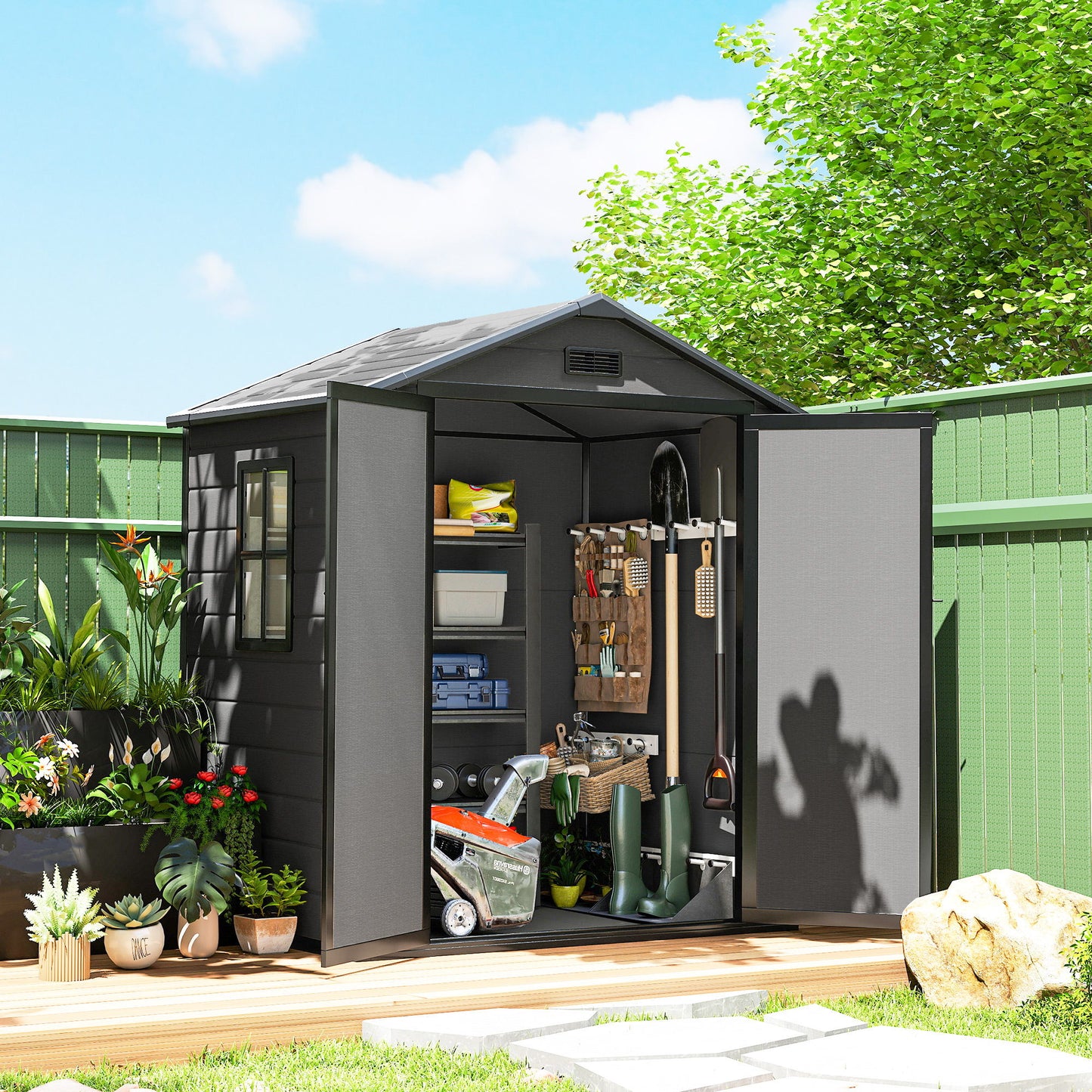 6x4.5FT Plastic Shed, Lockable Garden Tool Storage House with Double Doors and Vent, Grey