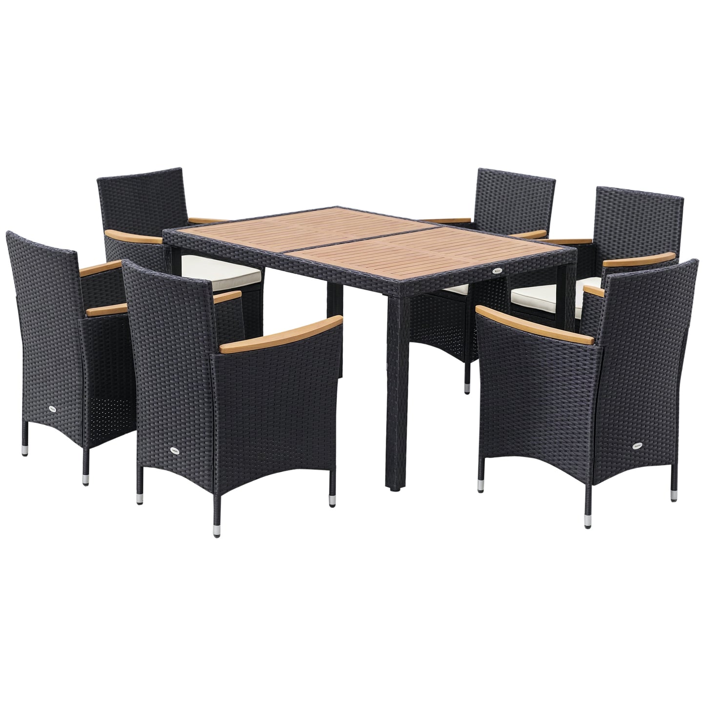 7 Pieces Outdoor Dining Set for 6, PE Wicker Rattan Patio Furniture Set with High-Back Armchairs, Glass Table Top
