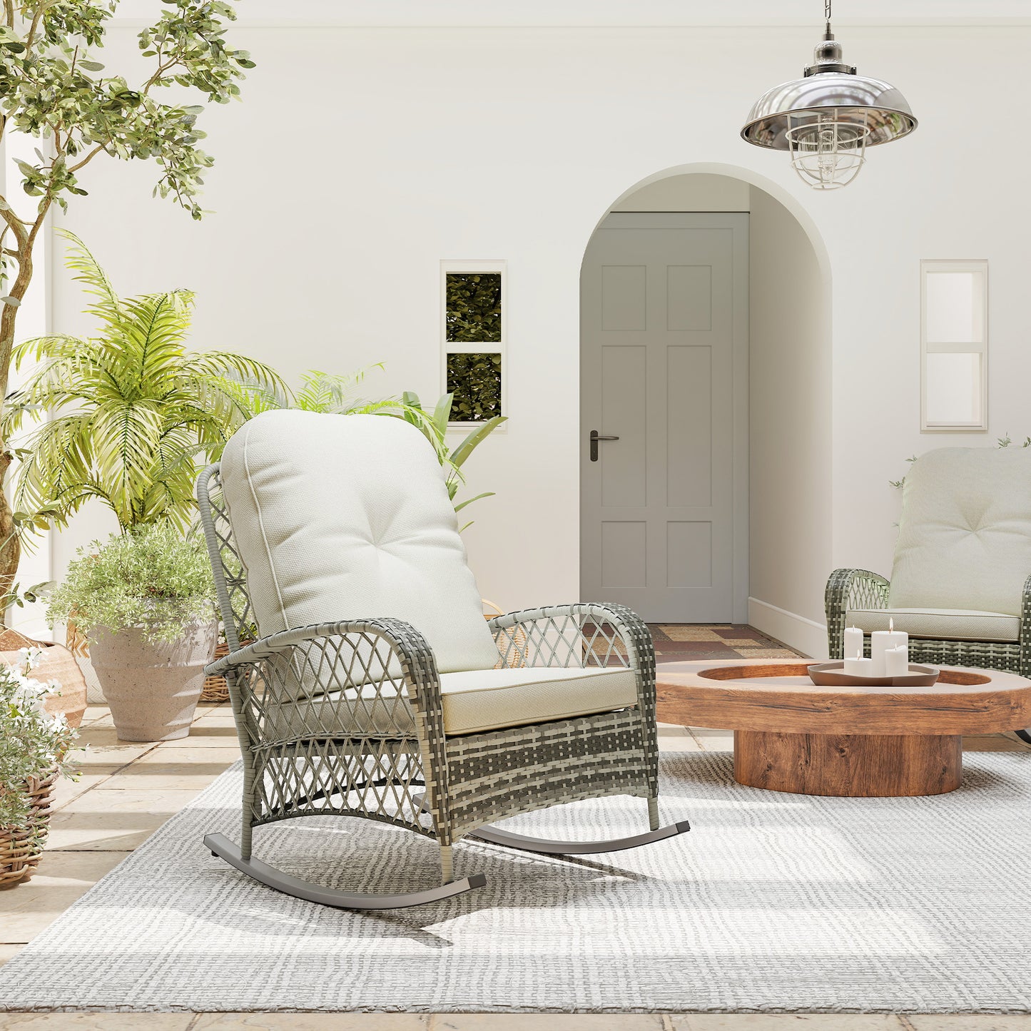 Rattan Rocking Chair, Outdoor Wicker Patio Rocker Chair Furniture with Thick Cushions, for Garden Backyard Porch, Khaki