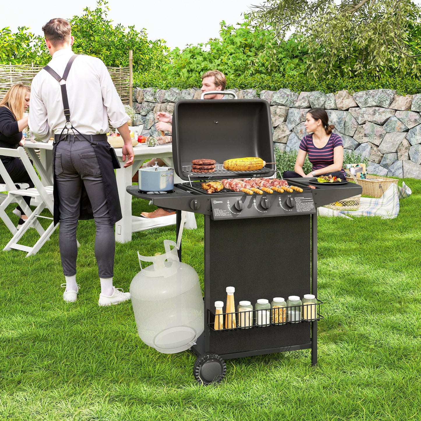 3+1 Burner Propane Gas BBQ Grill, Portable Gas Barbecue Grill with Side Burner, Thermometer, Lid, Side Table, Shelf, Spice Rack, Wheels, Grease Cup for Garden, Black