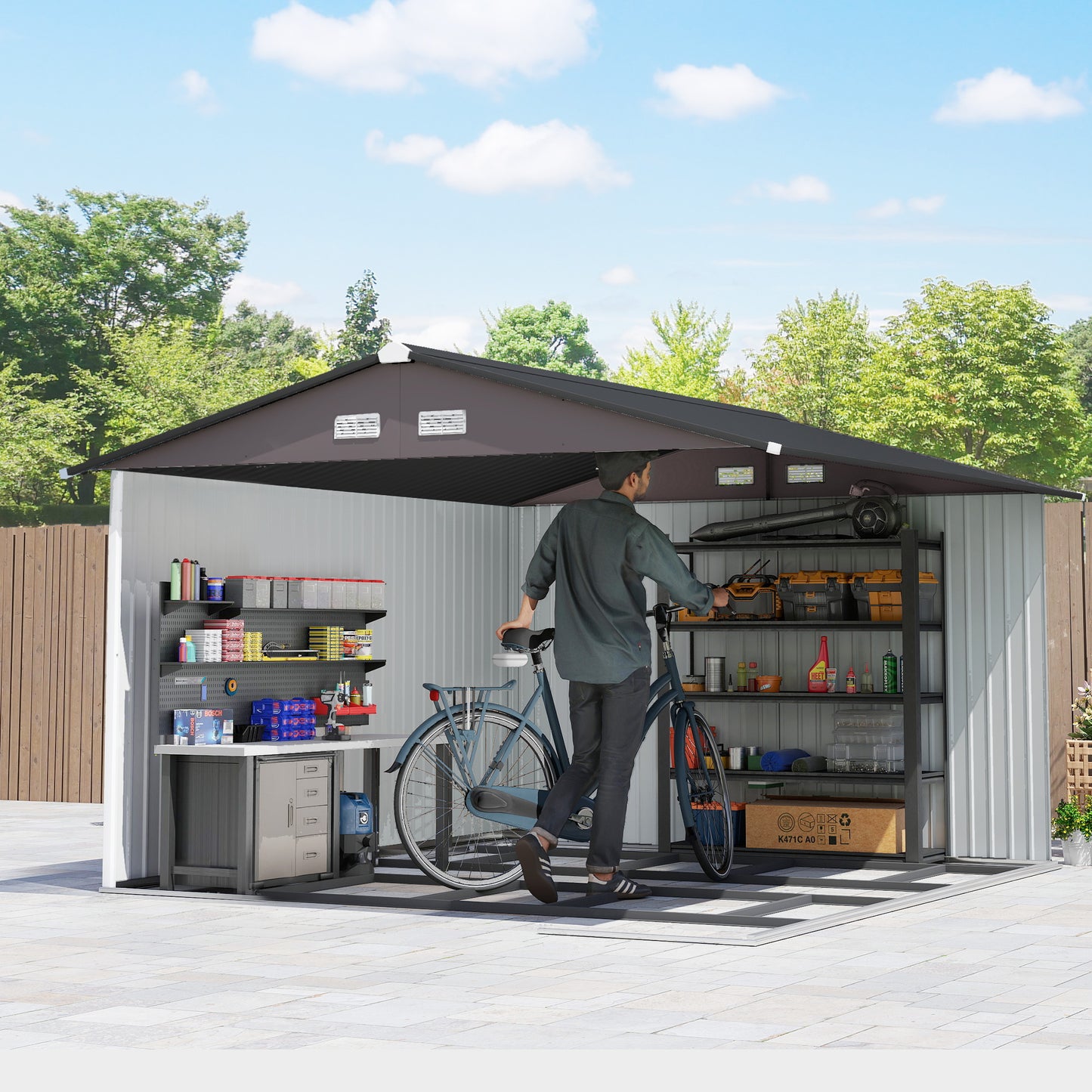 9' x 10.6' Garden Storage Shed w/ Foundation Kit Metal Tool Storage House w/ Double Doors Brown