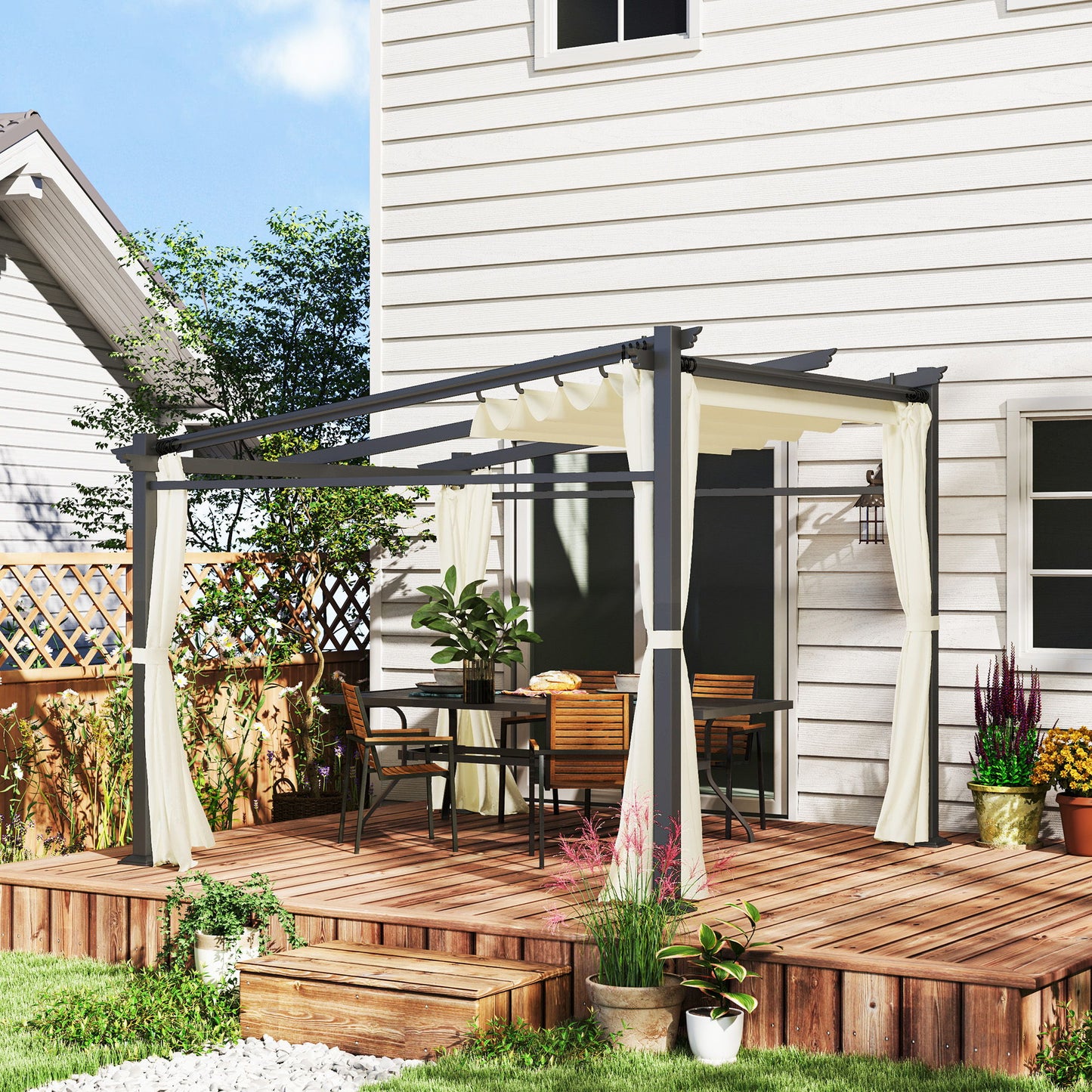 Metal Pergola with Sliding Roof Canopy, Retractable Pergola Canopy, 10' x 10', Beige