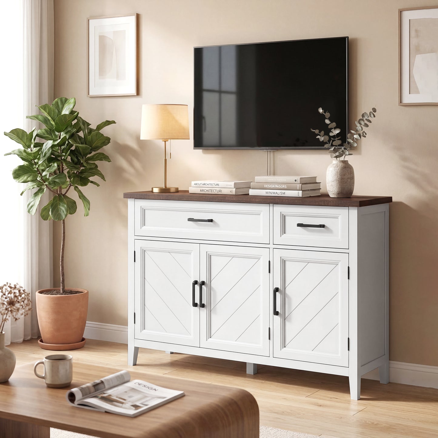 Sideboard Buffet Cabinet, 44" Farmhouse Kitchen Cabinet with 3 Chevron Doors, 2 Drawers and 2 Adjustable Shelves, White