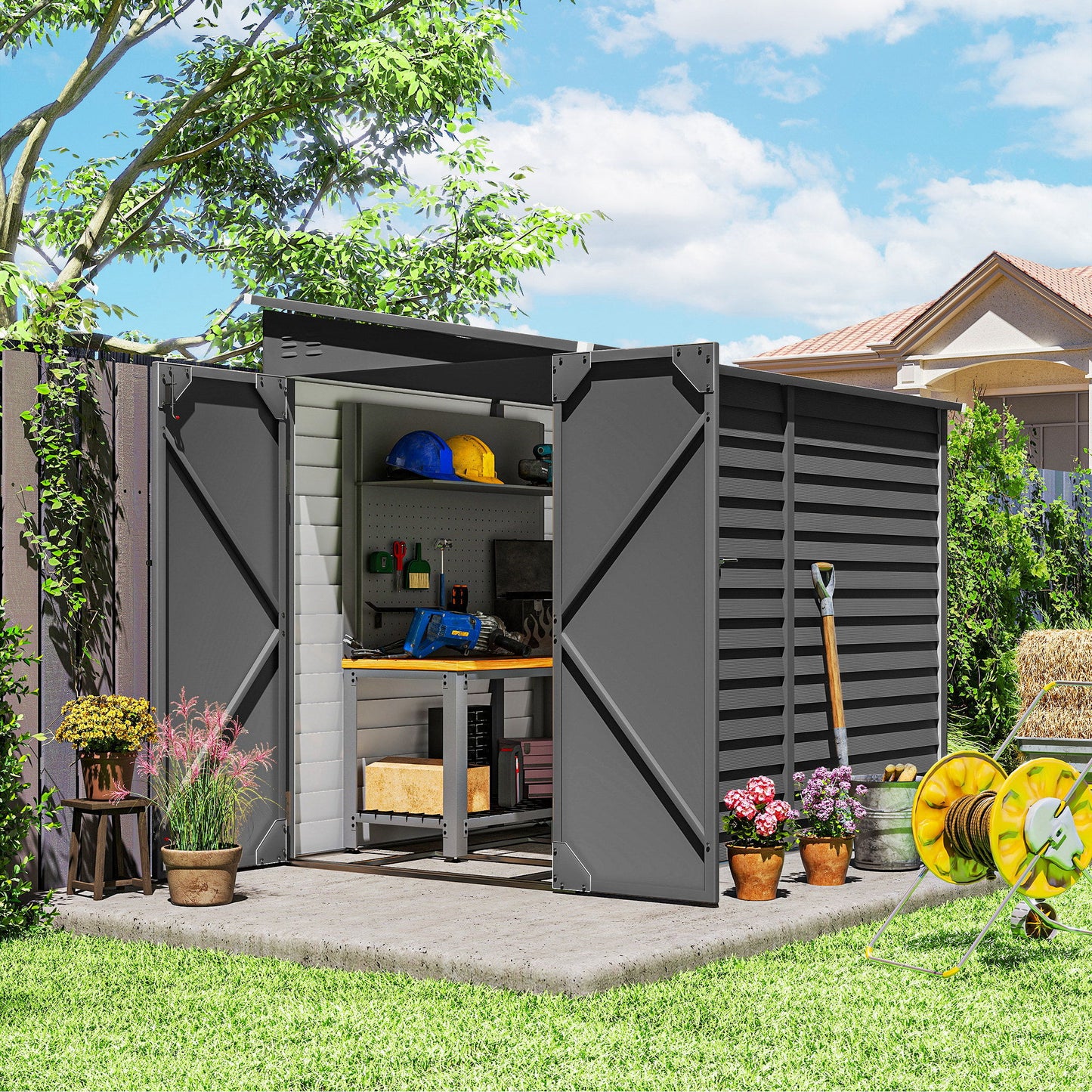 4.6' x 9' Steel Outdoor Storage Shed, Lean to Shed, Metal Tool House with Foundation Kit, Lockable Doors, Gloves and 2 Air Vents for Backyard, Patio, Lawn, Dark Grey