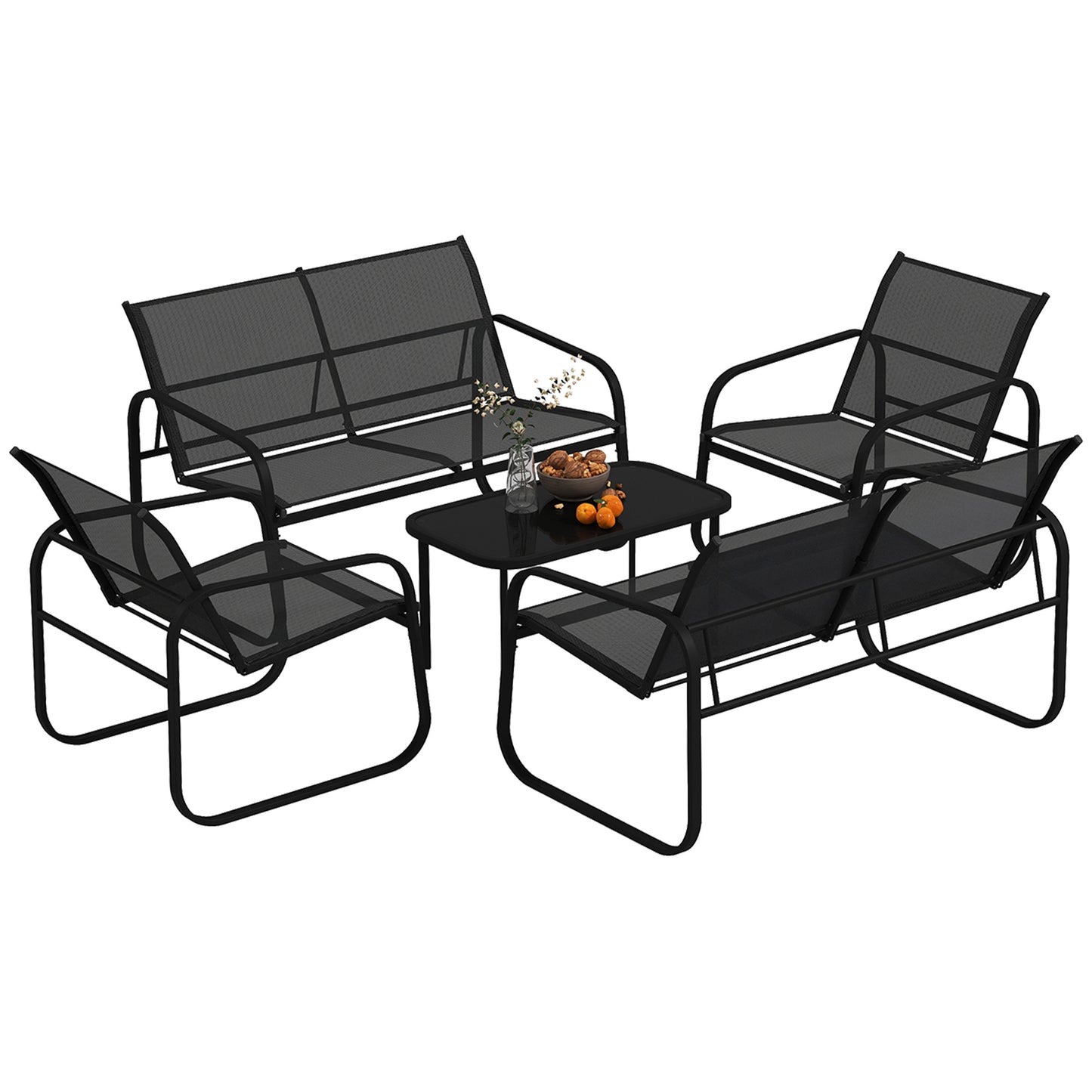 4 Piece Patio Furniture Set, Outdoor Conversation Set with 2 Loveseats, 2 Armchairs, Glass-Top Table, Black