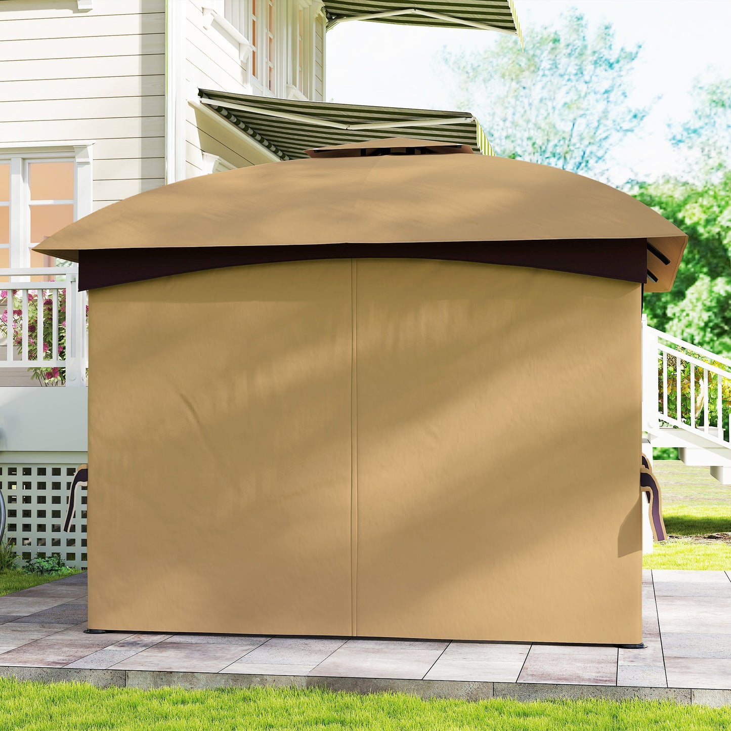 11' x 11' Outdoor Gazebo, Double Roof Patio Gazebo Canopy with Curtains, Church Windows, Galvanised Steel Frame, Beige