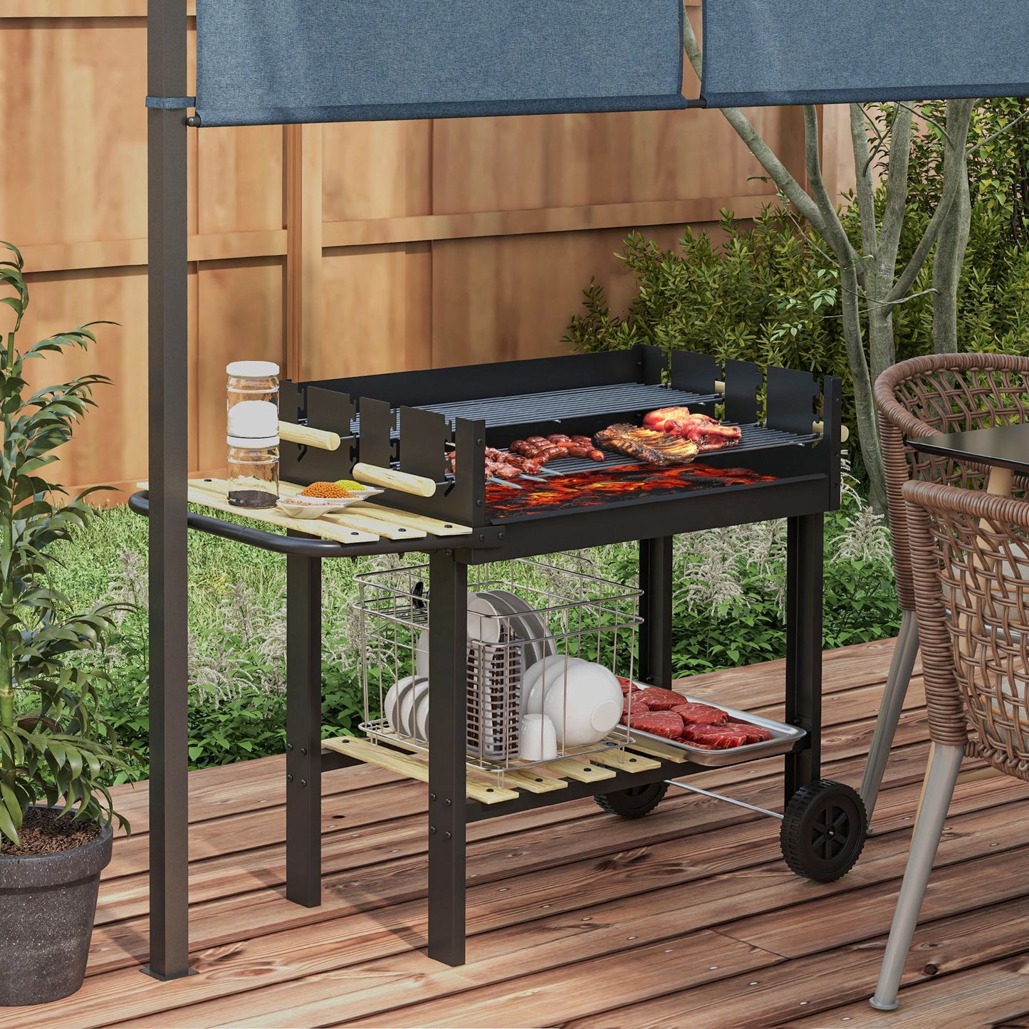 Charcoal Grill,Barbecue Trolley with Double Adjustable Grill, Side Table, Storage Shelf and Wheels, Black