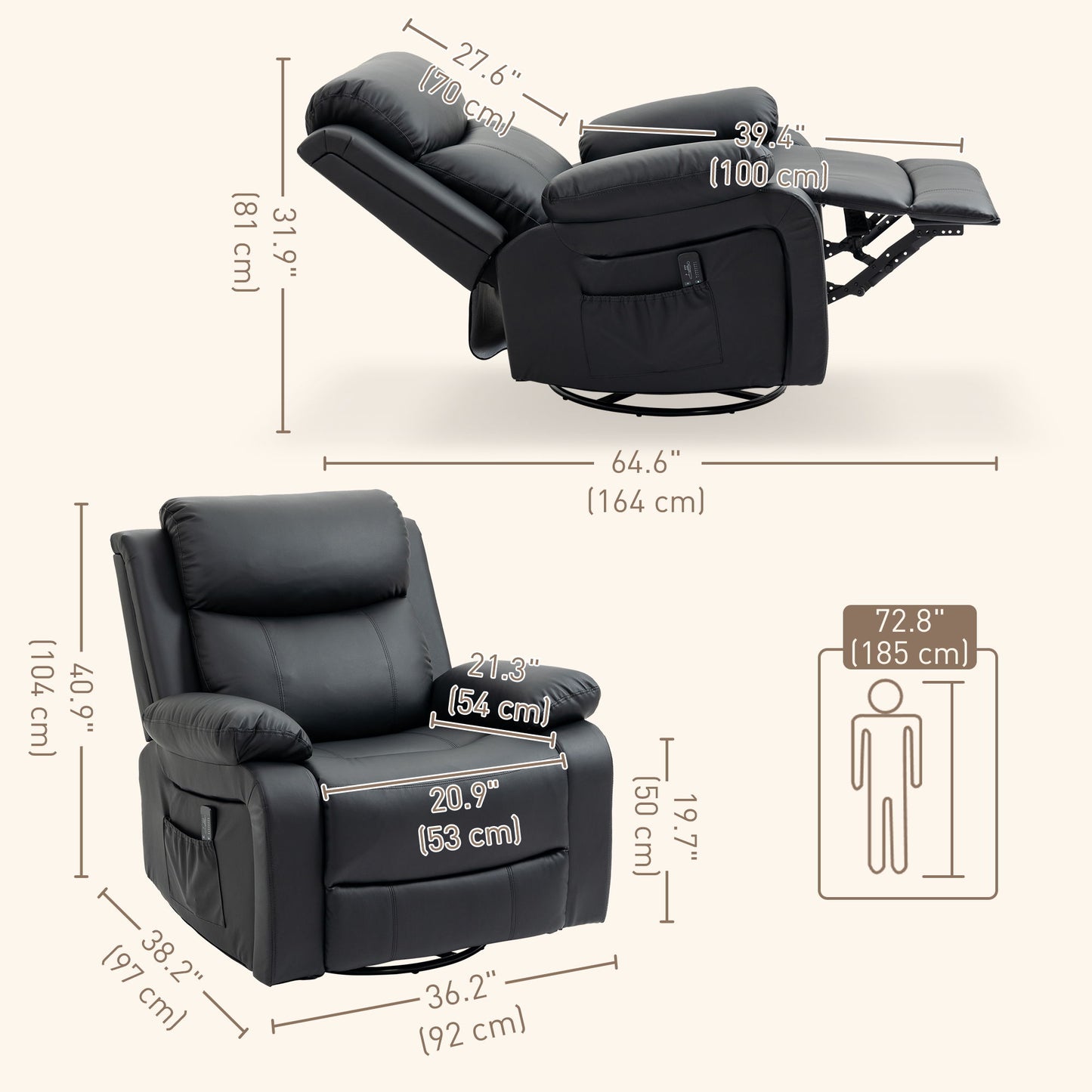 PU Leather Reclining Chair with Vibration Massage Recliner, Swivel Base, Rocking Function, Remote Control, Black