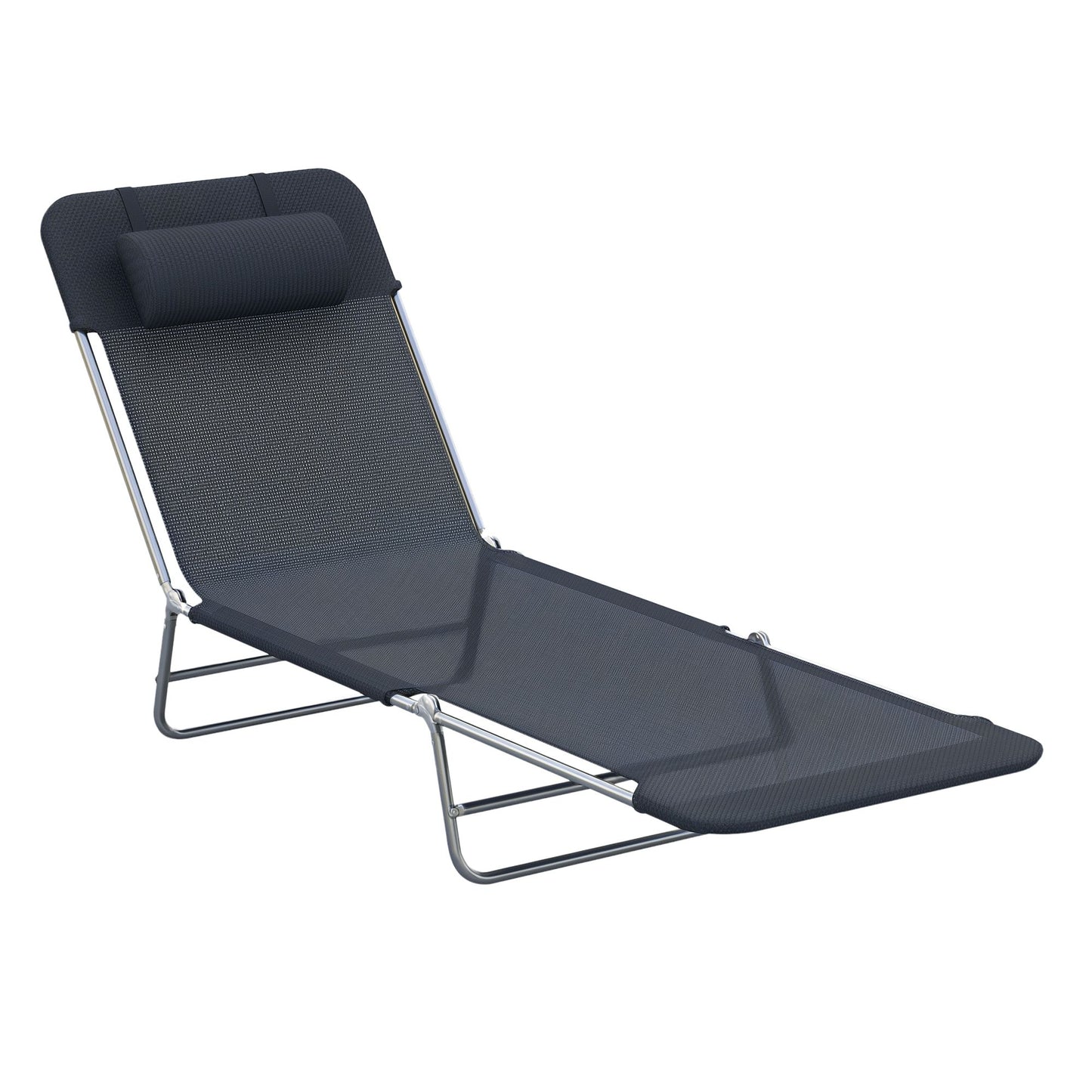 Outdoor Lounge Chair, Portable Adjustable Reclining Seat Folding Chaise Lounge Patio Camping Beach Tanning Chair Bed with Pillow, Black