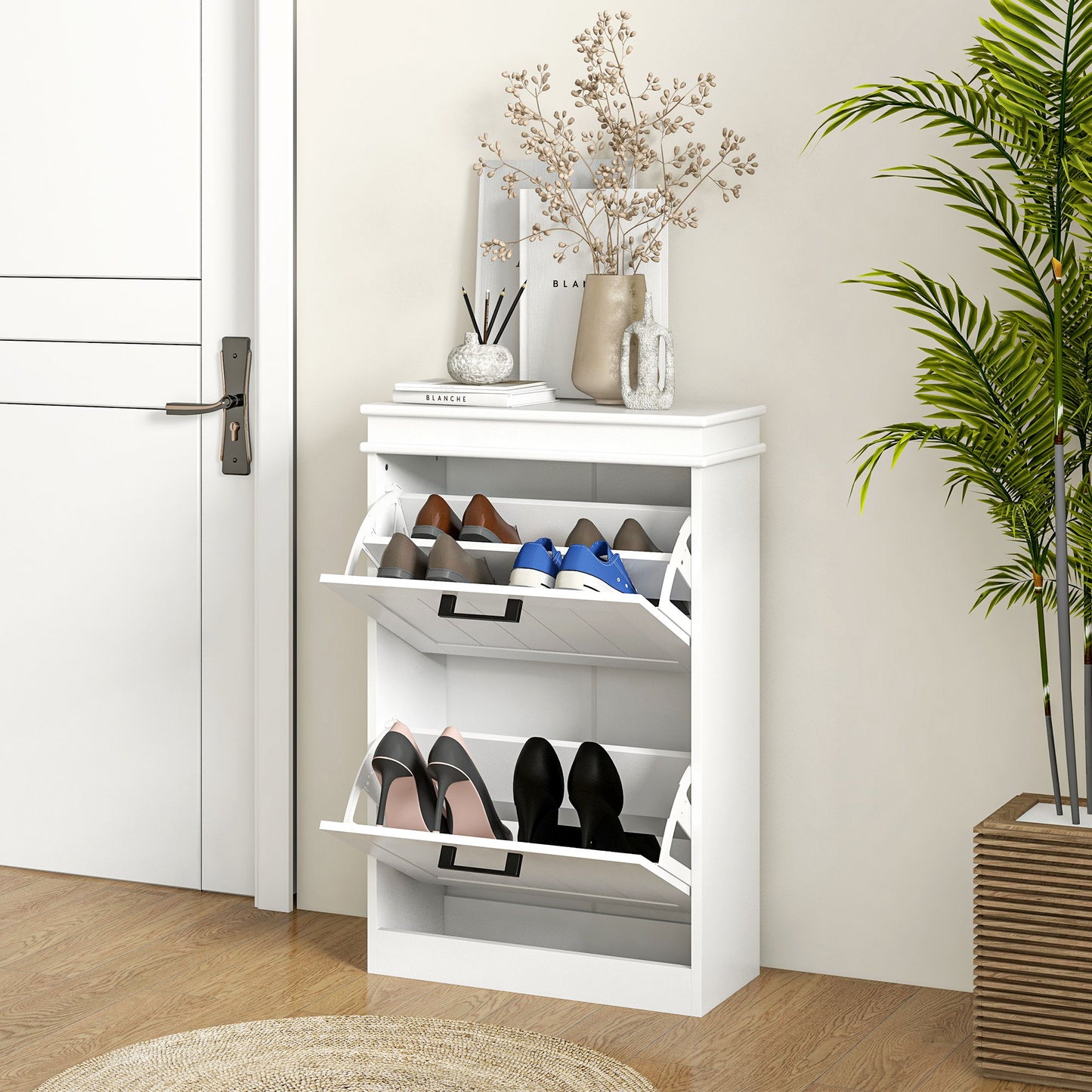 Shoe Storage Cabinet with 2 Flip Drawers and Adjustable Shelves, Narrow Shoe Cabinet for 10 Pairs of Shoes, White