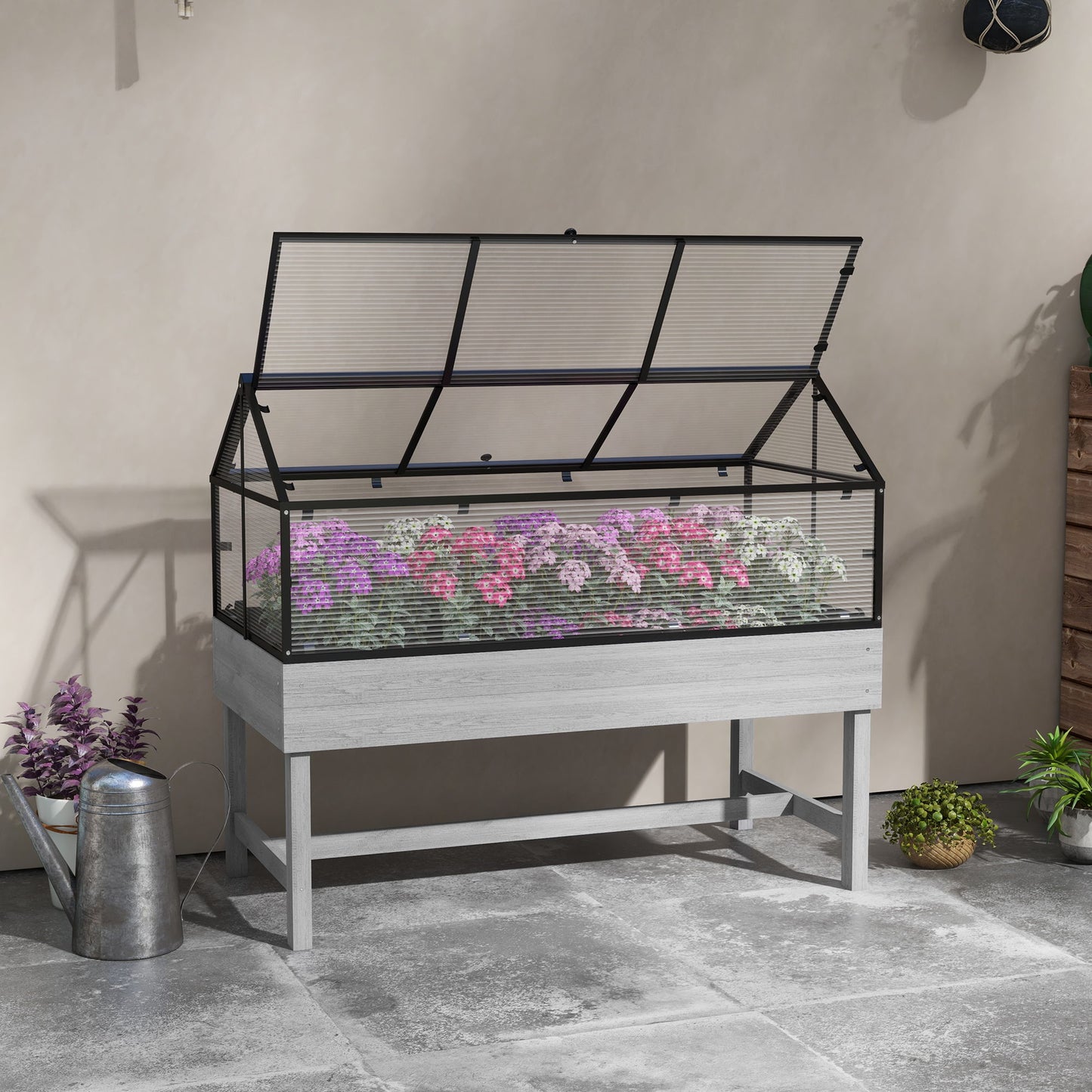 Wood Elevated Planter Box with Cold Frame Greenhouse, Raised Garden Bed for Vegetables, Flowers, Herbs, Distressed Grey