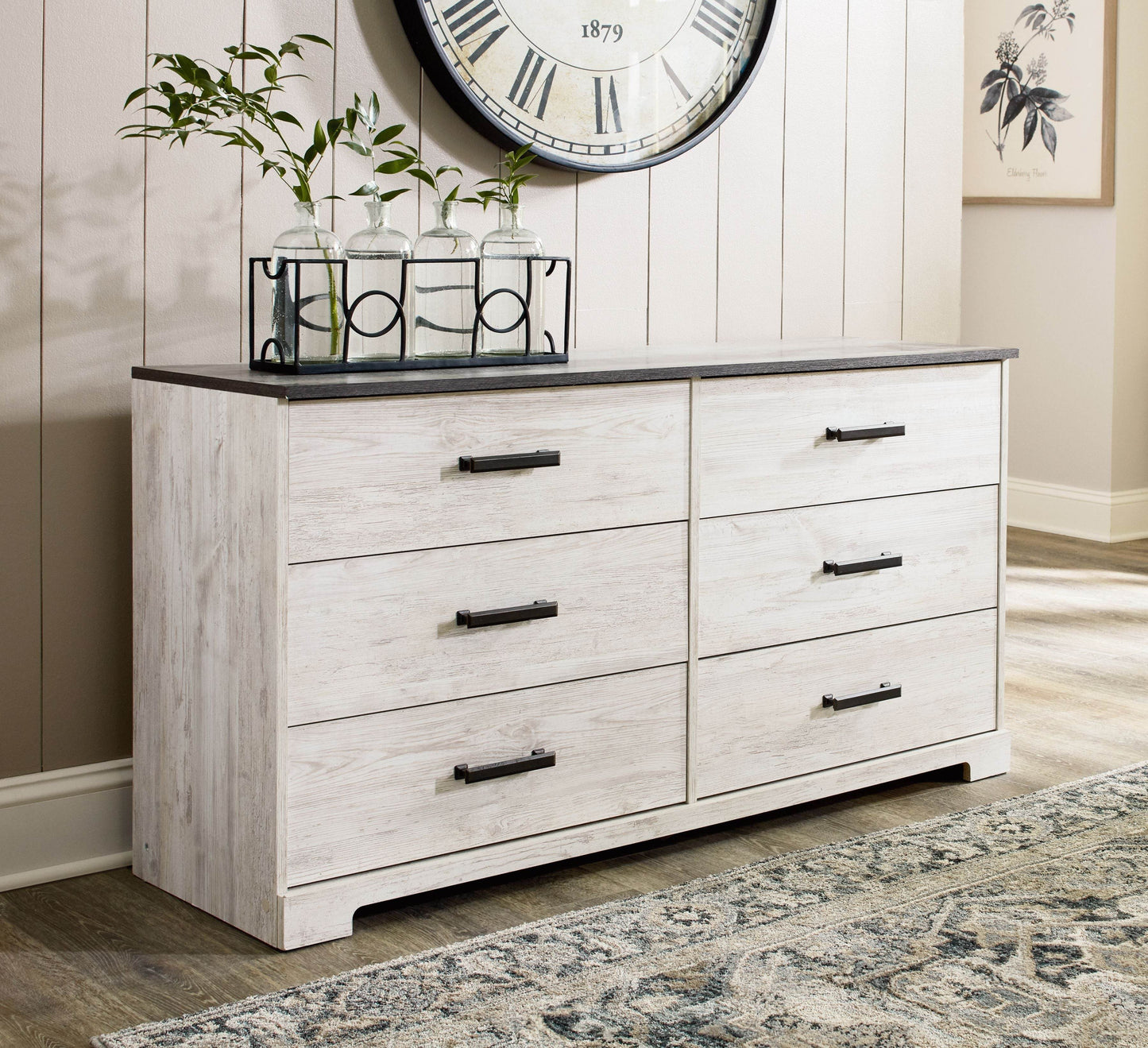 Shawburn - White / Black / Gray - Six Drawer Dresser - Pewter-tone pulls - Forward Furniture