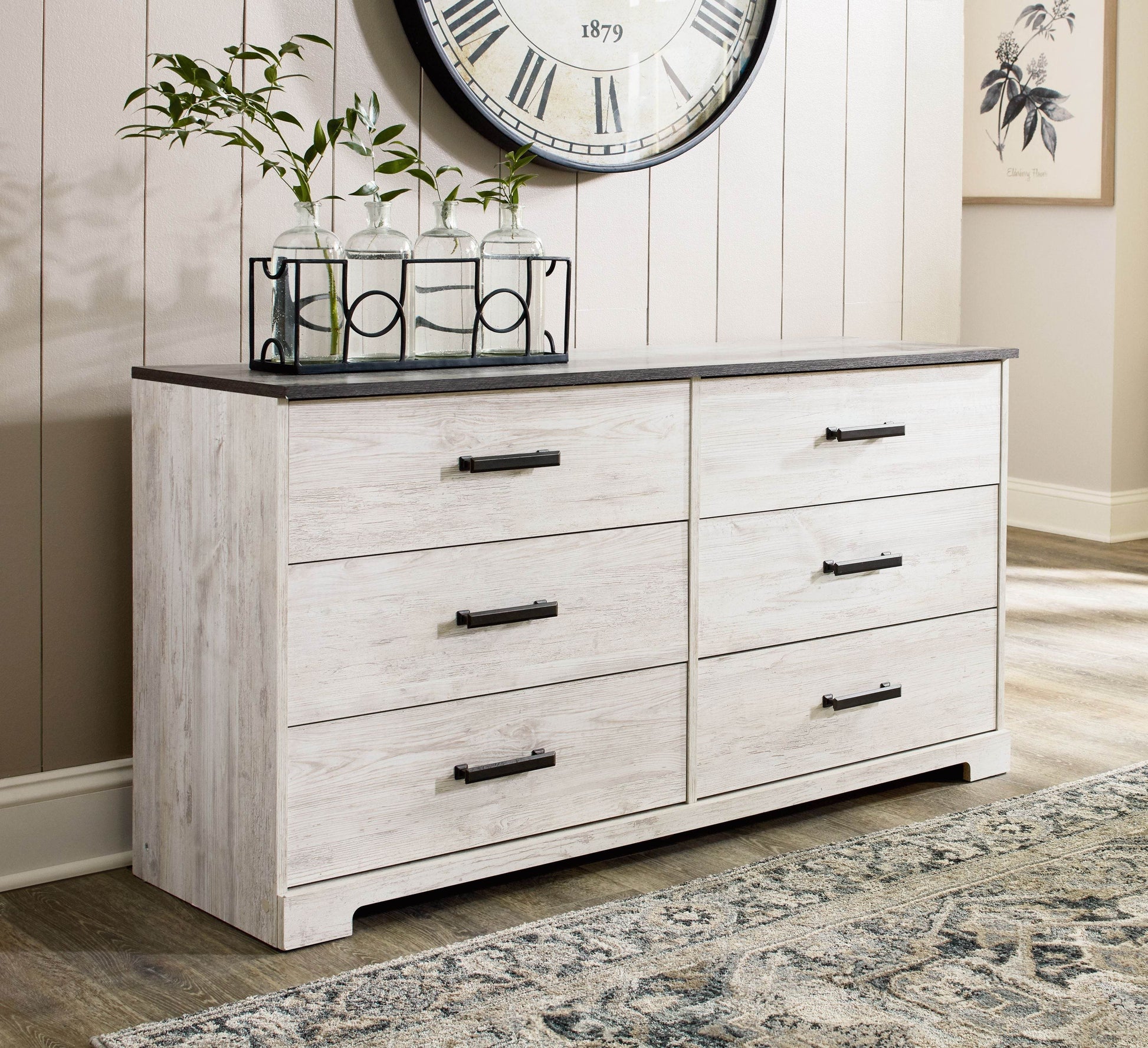 Shawburn - White / Black / Gray - Six Drawer Dresser - Pewter-tone pulls - Forward Furniture