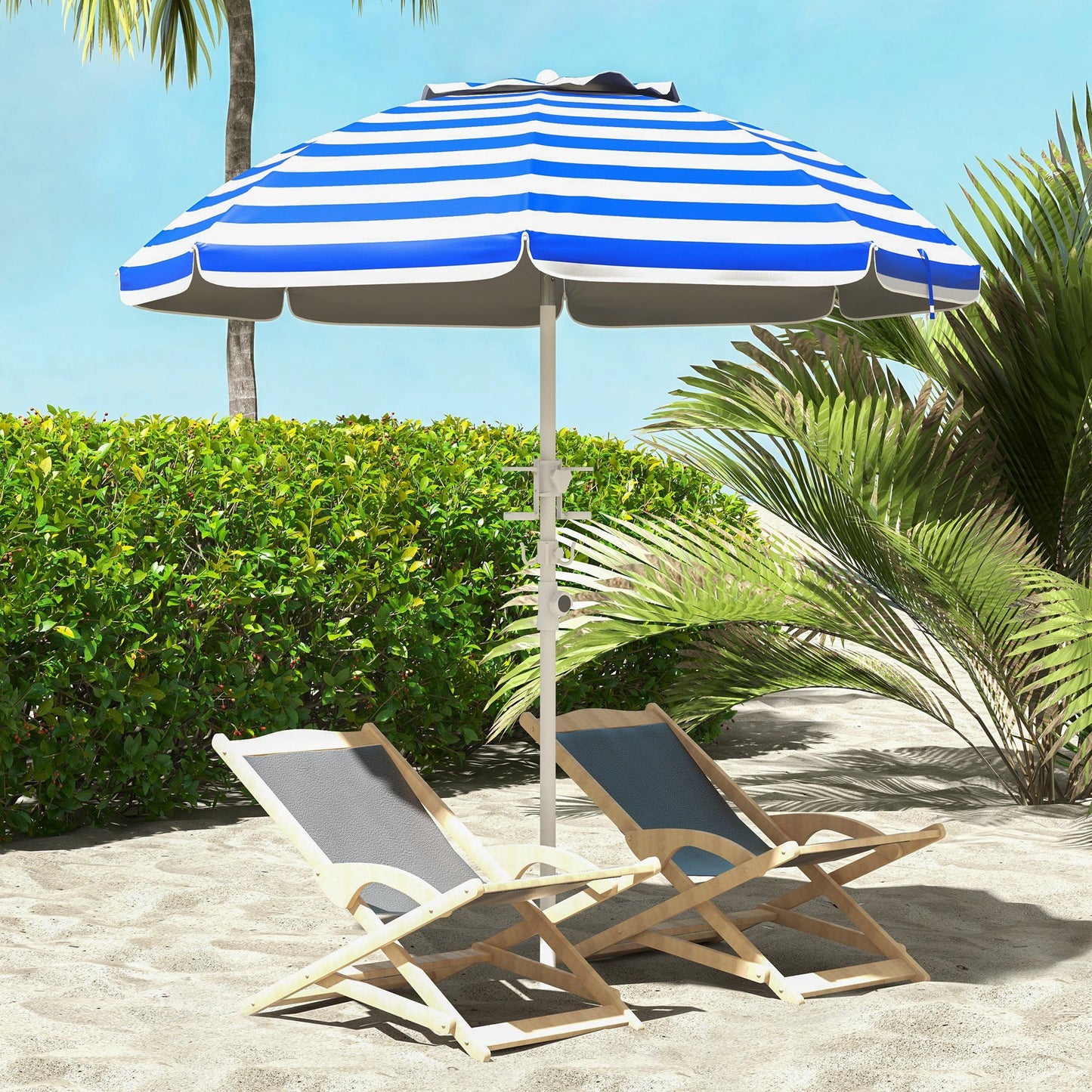 5.7' Beach Umbrella for Travel with Tilt, Adjustable Height, 2 Cup Holders, Hook, Vent, Ruffles, Blue and White