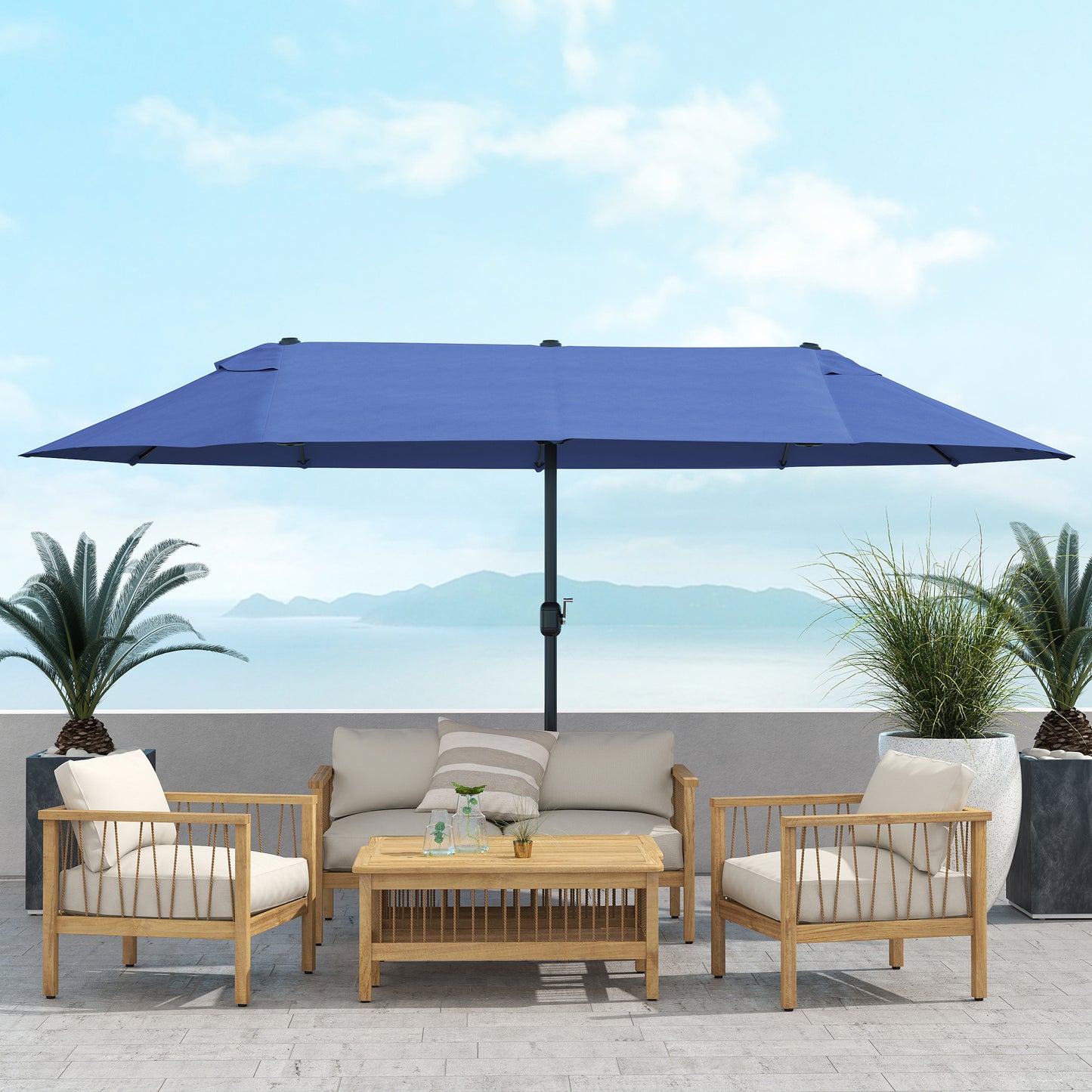 15ft Double-sided Patio Umbrella with Twin Canopy, Extra Large Outdoor Parasol with Crank for Pool, Deck, Market, Blue