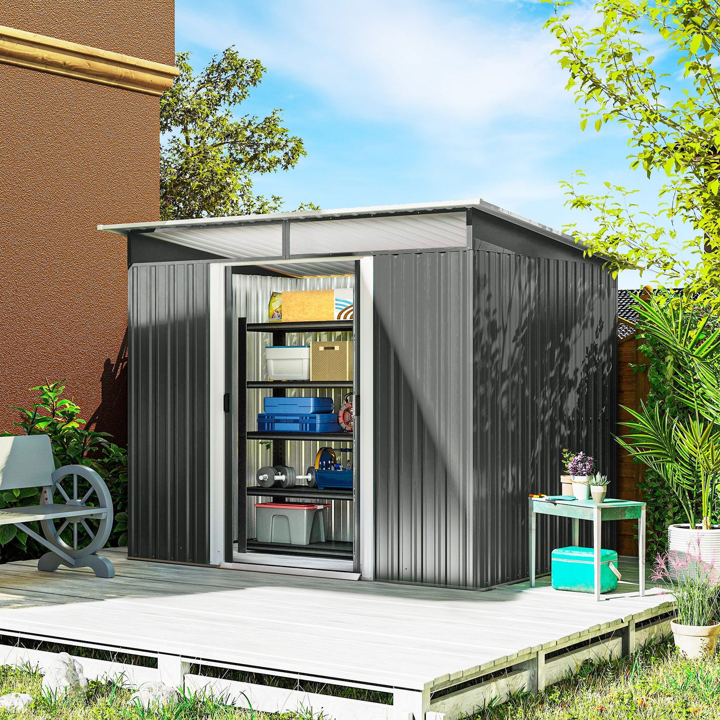 9' x 6.5' Outdoor Metal Garden Shed Utility Tool Storage Steel Backyard House, Dark Grey