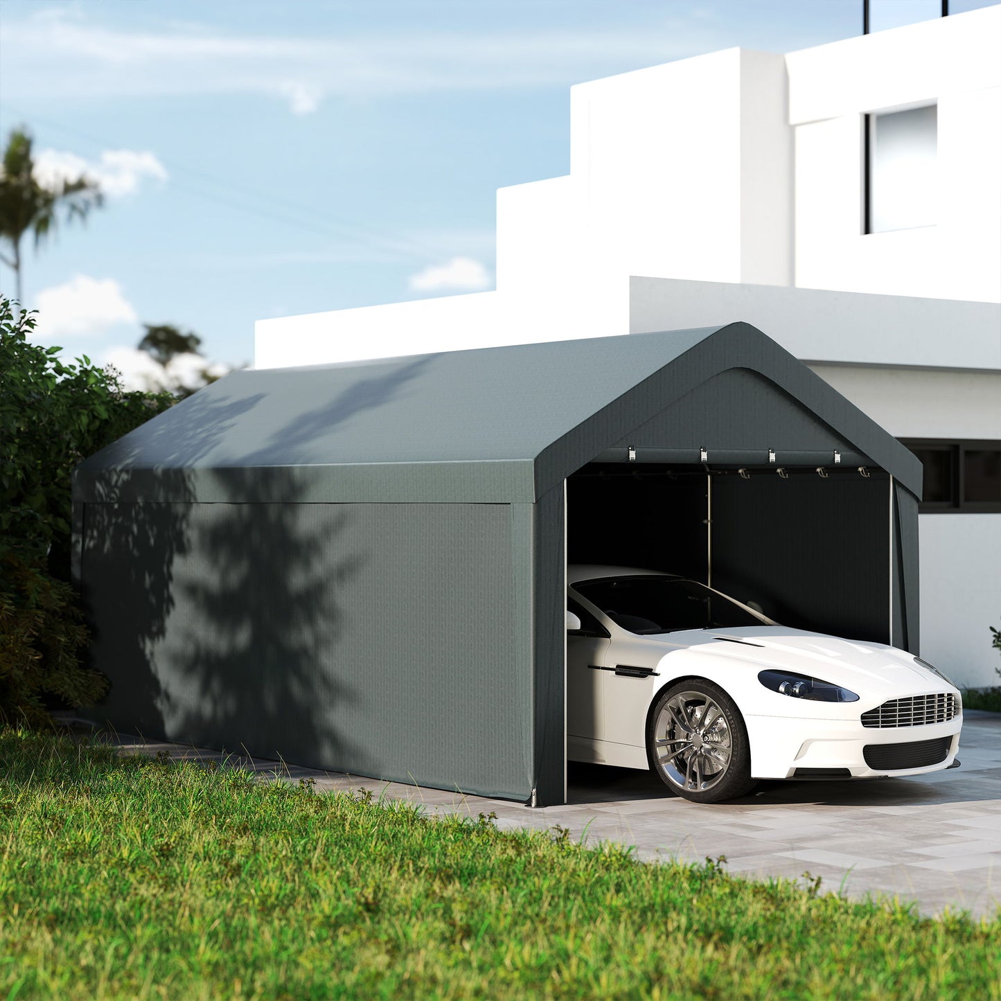 Carport, 10 x 20 ft Portable Garage with 2 Roll-Up Doors and Removable Sidewalls for Car, Truck, Boat, Dark Grey