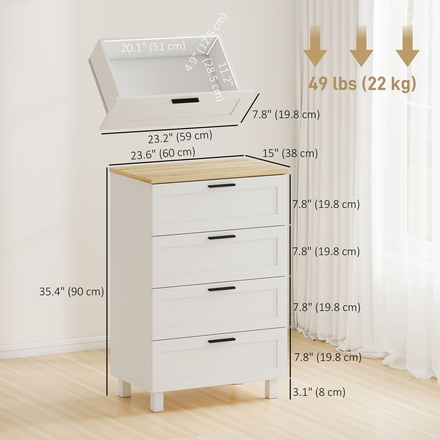 Dresser for Bedroom with 4 Drawers, Chest of Drawers with Solid Wood Legs for Closet, Living Room, Entryway, White