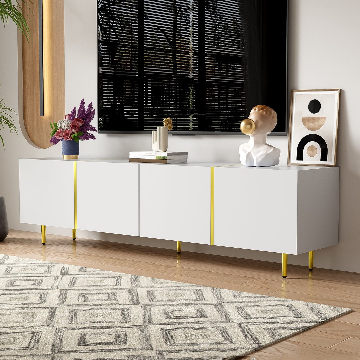 High-Gloss TV Stand with 4 Doors and Modern Minimalist Design, Soft-Close Hinges, Modern Design, Easy to Install, 67" L x 13.5" W x 18" H, White