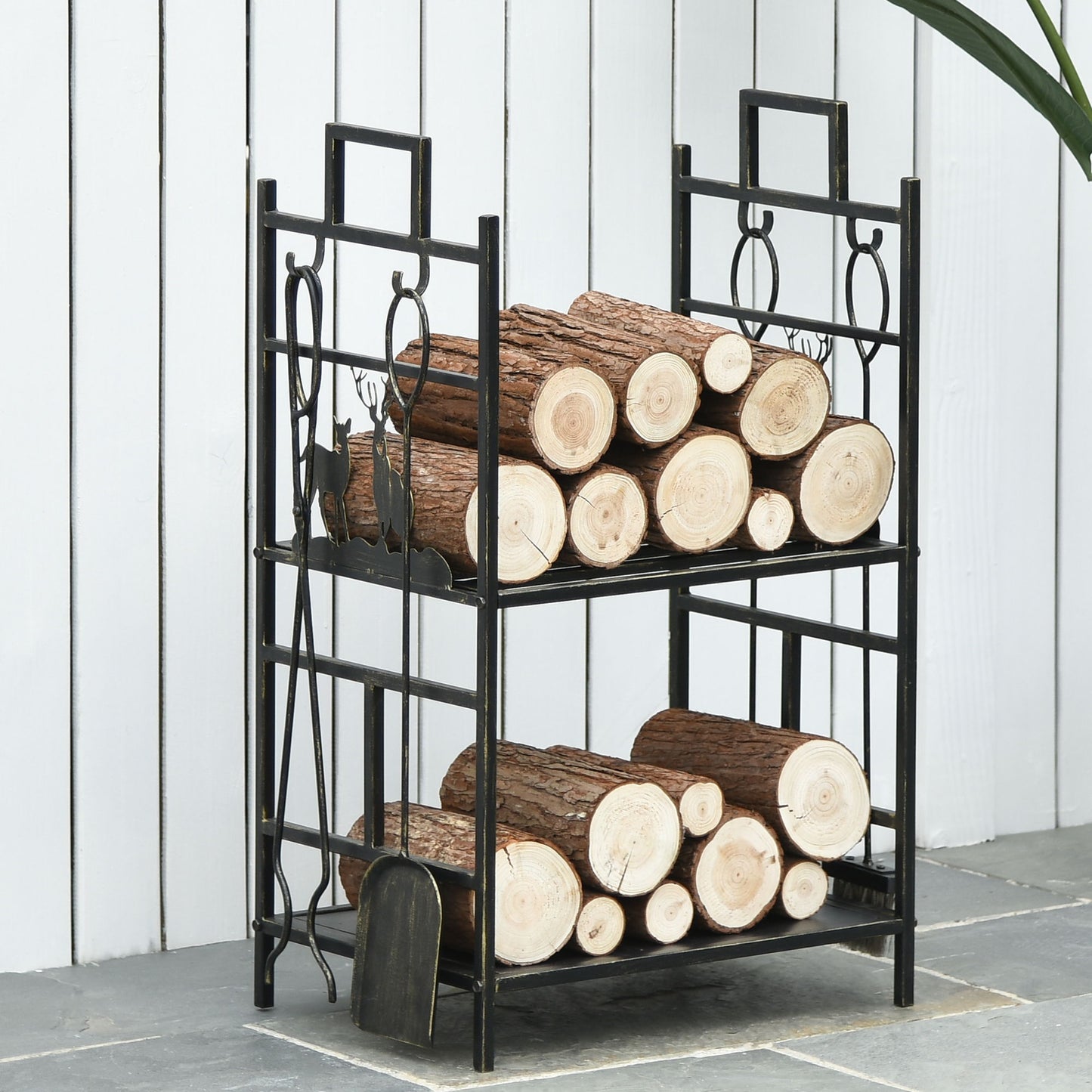 20.25" x 13" x 30.25" 2-Layer Heavy Duty Firewood Rack Wood Log Fireplace Stacker w/ 4 Tools, Black and Gold