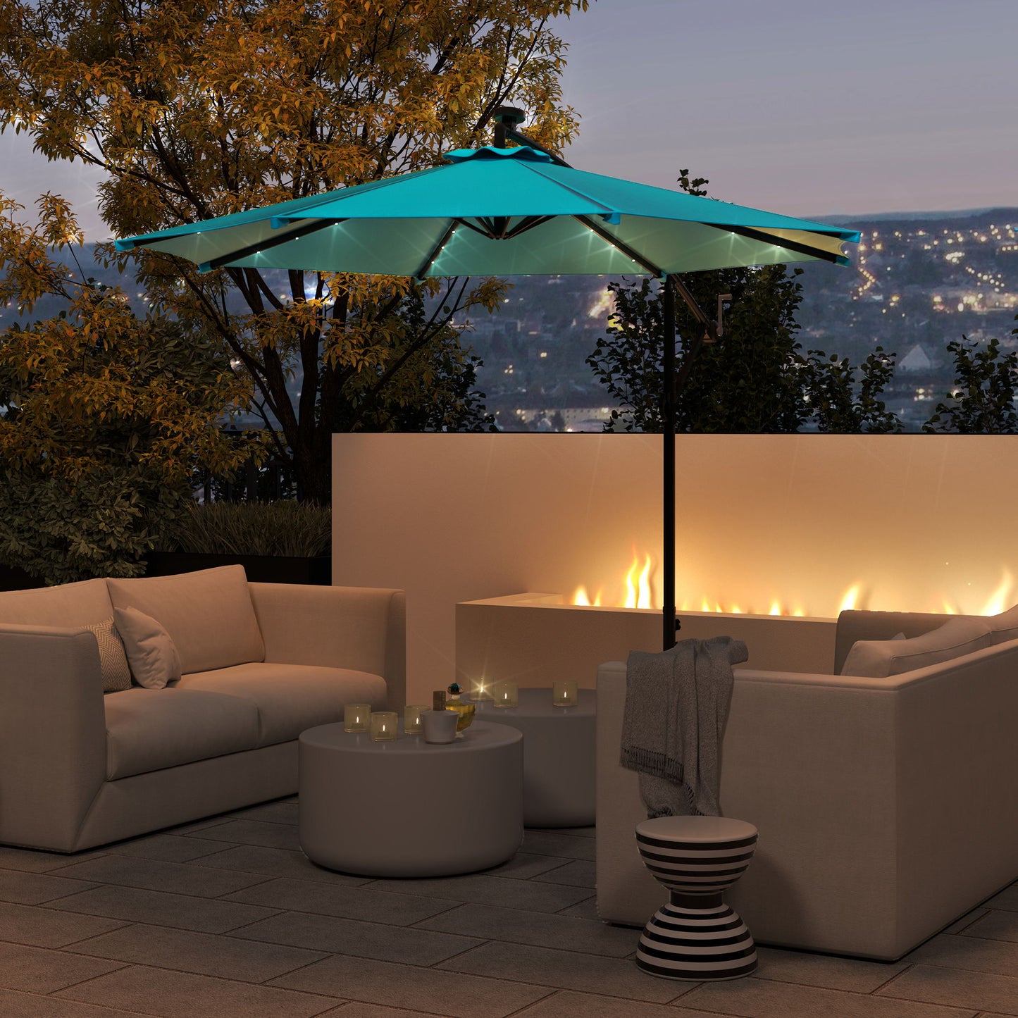 10ft Outdoor Cantilever Umbrella Banana Umbrella with Solar Lights and Adjustable Angle for Patio Backyard Turquoise