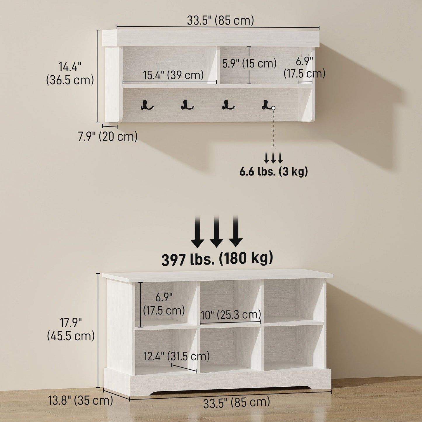 Entryway Shoe Bench with 8 Cubbies and Coat Rack - White