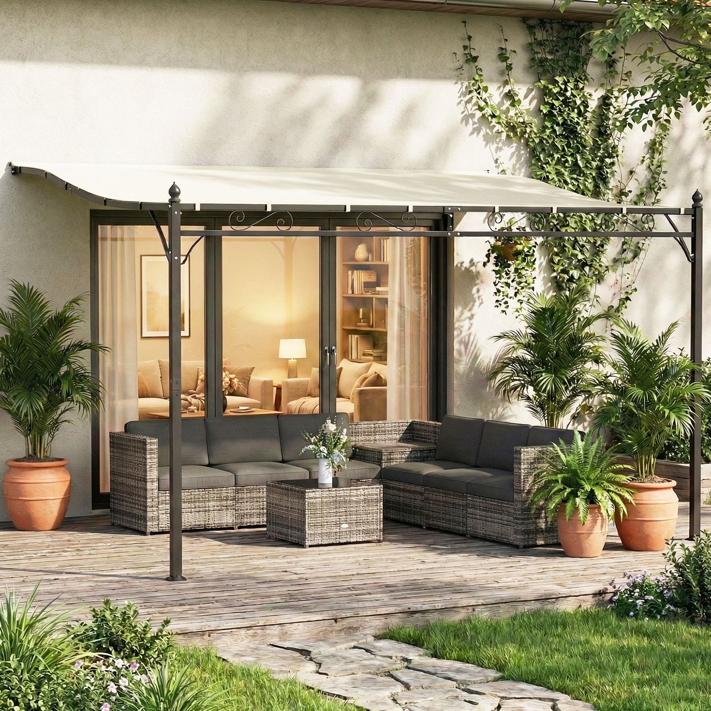 11.5' x 8.2' Outdoor Pergola, Wall Mounted Lean to Pergola with Metal Frame, UPF30+, Garden Gazebo