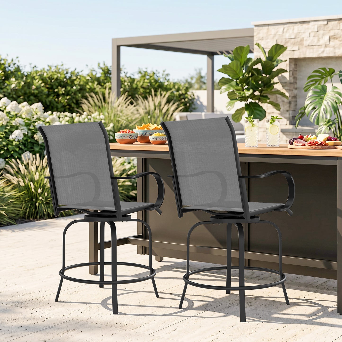 Outdoor Bar Stools Set of 2, 360° Swivel Bar Height Chairs, 26.8" x 29.5" x 48.4", Grey