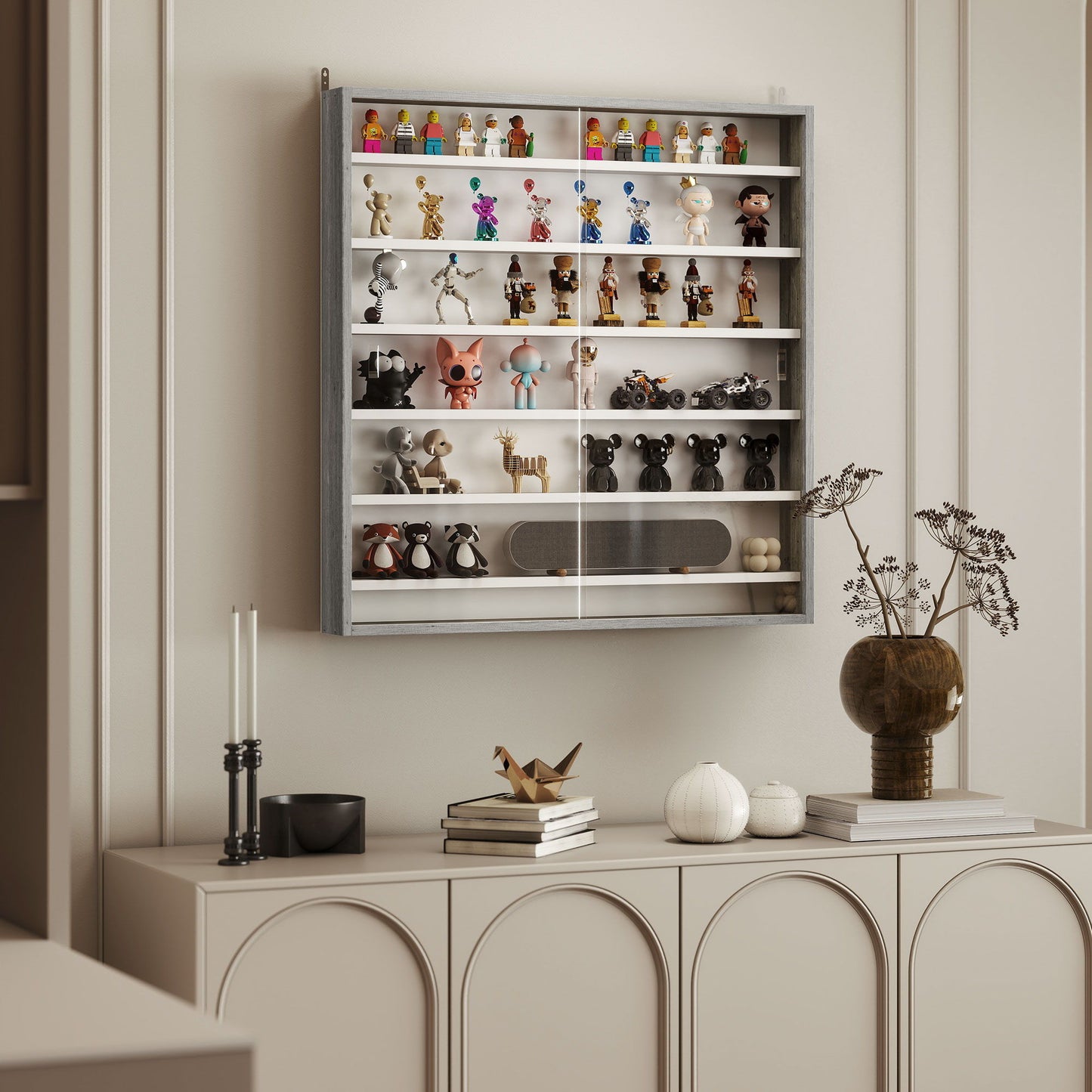 7-Tier Display Cabinet, Shot Glass Display Case, Glass Curio Cabinet with 2 Glass Doors and 6 Adjustable Shelves, Grey