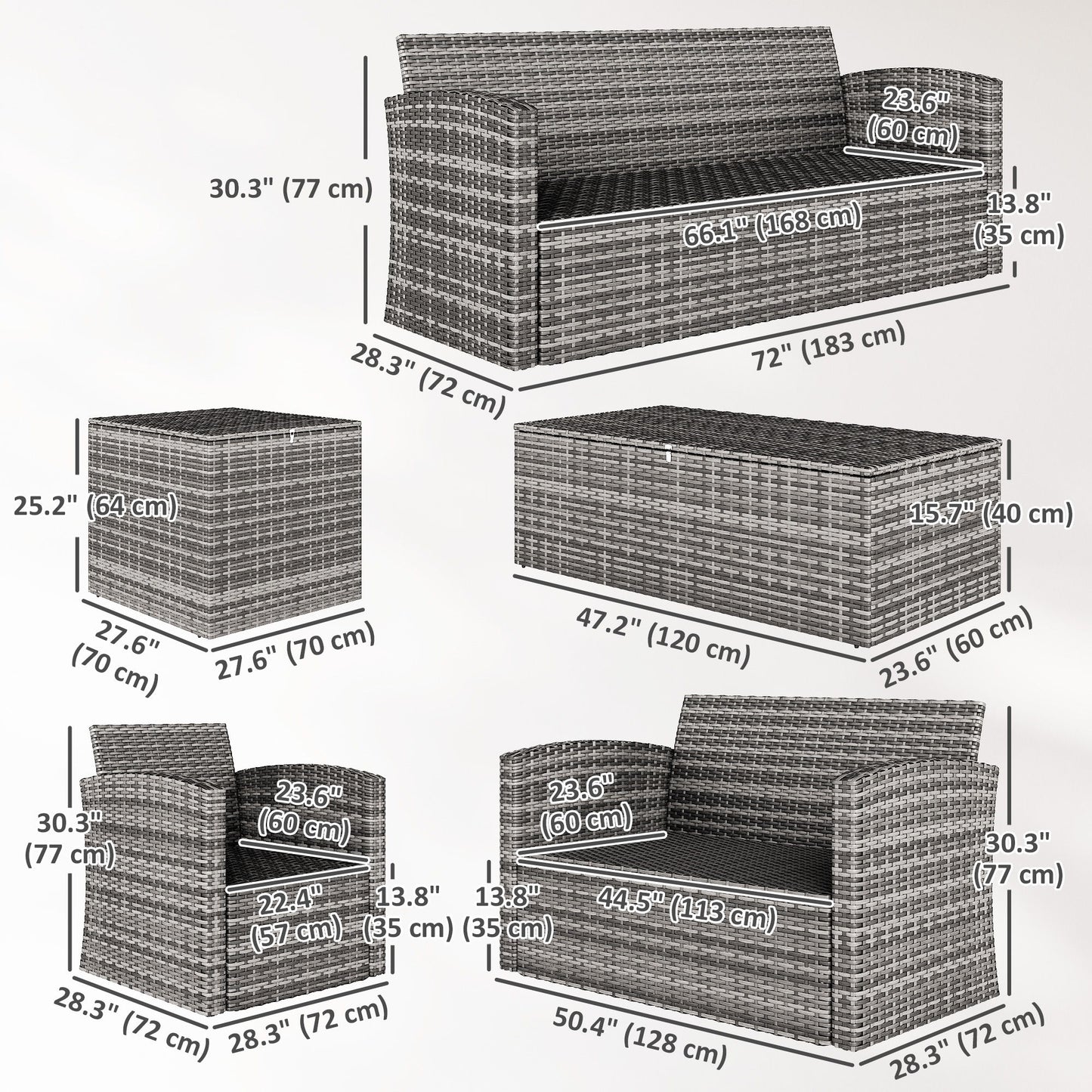 6 Pieces Wicker Patio Furniture Set with Cushions, 7-Seater Rattan Patio Sofa Set with Storage Table, Black