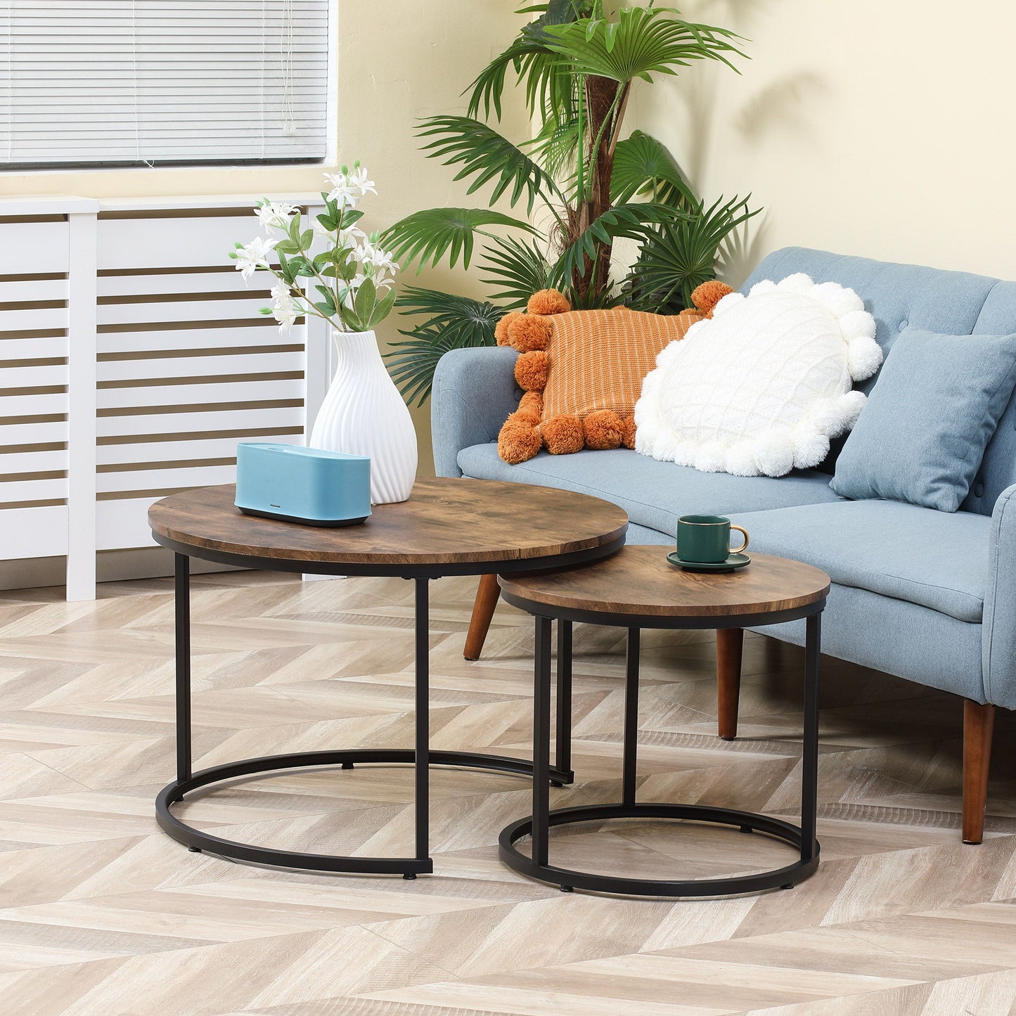 Nesting Tables, 29" Round Coffee Table Set of 2, Modern Side Tables for Living Room with Metal Base, Rustic Brown