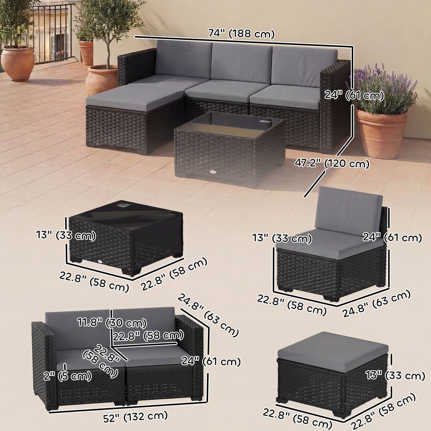 5 Piece Patio Furniture Set, L-Shape Wicker Outdoor Sectional with 3 Chairs, Ottoman, Glass Table, Cushions, Grey