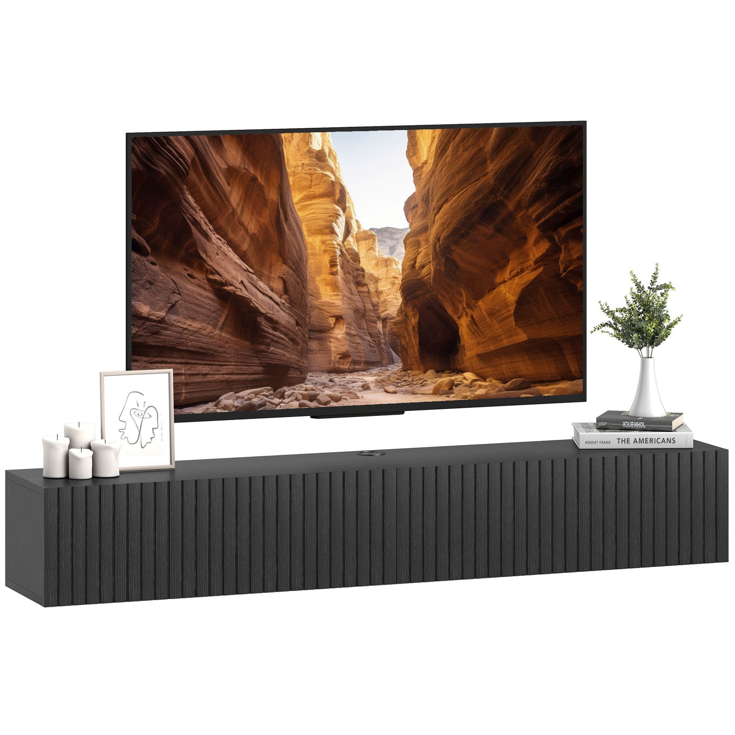 55" Floating TV Stand for TVs up to 72 Inch, Wall Mount Media Console with 2 Fluted Flip-Down Doors, Cable Hole, Black