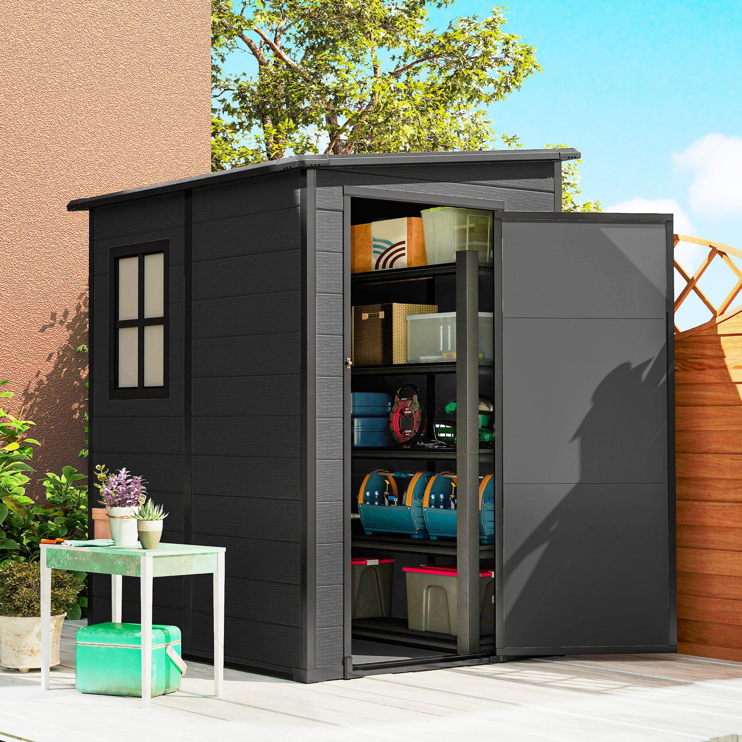 4'x5' Garden Storage Shed, Lean to Shed, Lockable Garden Tool Storage House with Window, Vent, Dark Grey