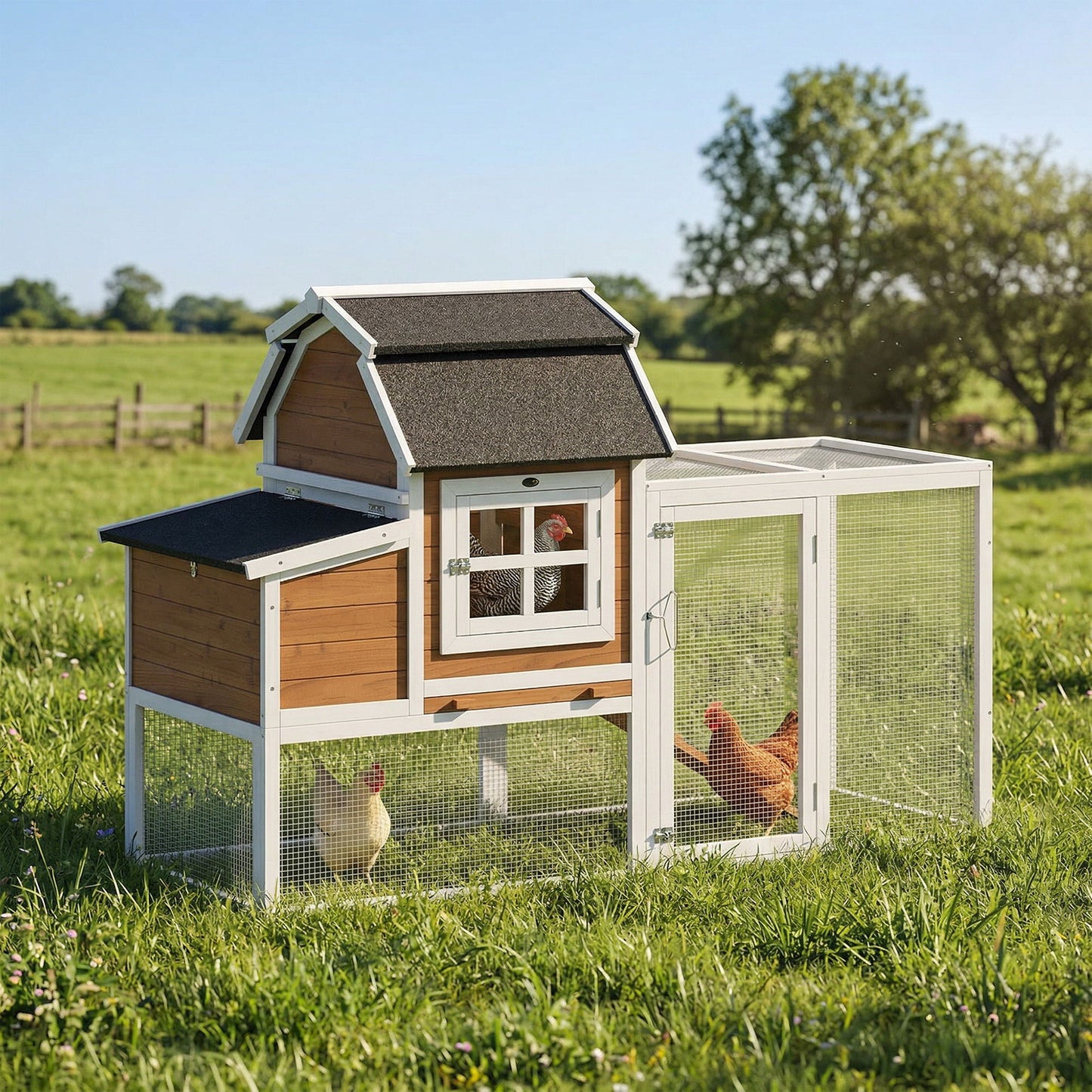 71" Chicken Coop for 3 Chickens, Wooden Hen House with Run, Removable Tray, Nesting Box, Waterproof Asphalt Roof