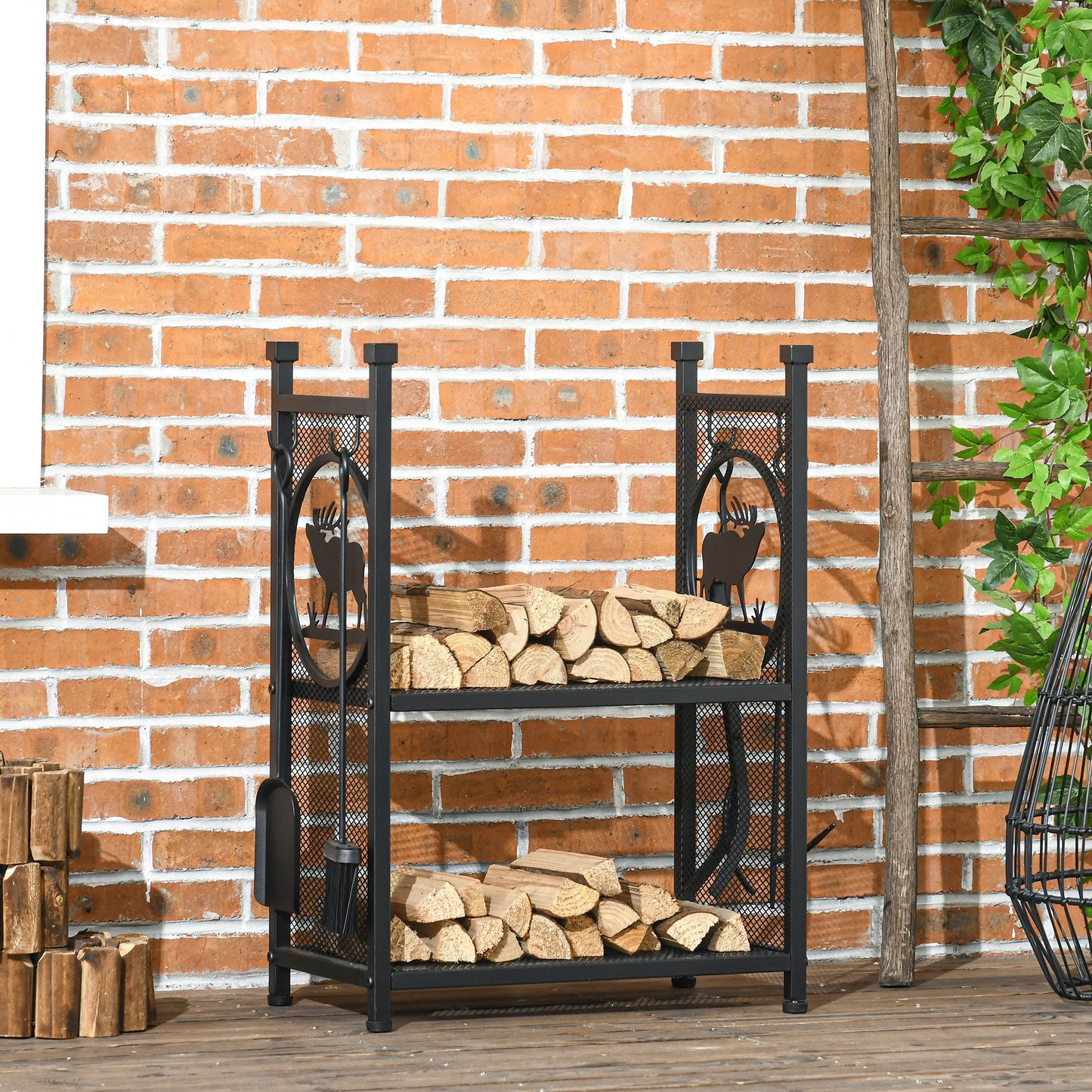 2-Tier Firewood Rack with Shovel, Broom, Poker, Tongs, Side Hooks, Log Holder for Fireplace, Outdoor Indoor Wood Storage Stacker, 21.7" x 12.6" x 30.3", Black