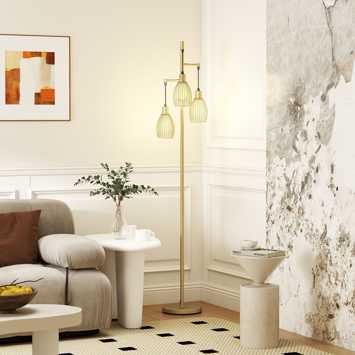 Industrial Floor Lamp with 3 Hanging Wire Lampshades, Dimmable Standing Lamp for Living Room, Gold