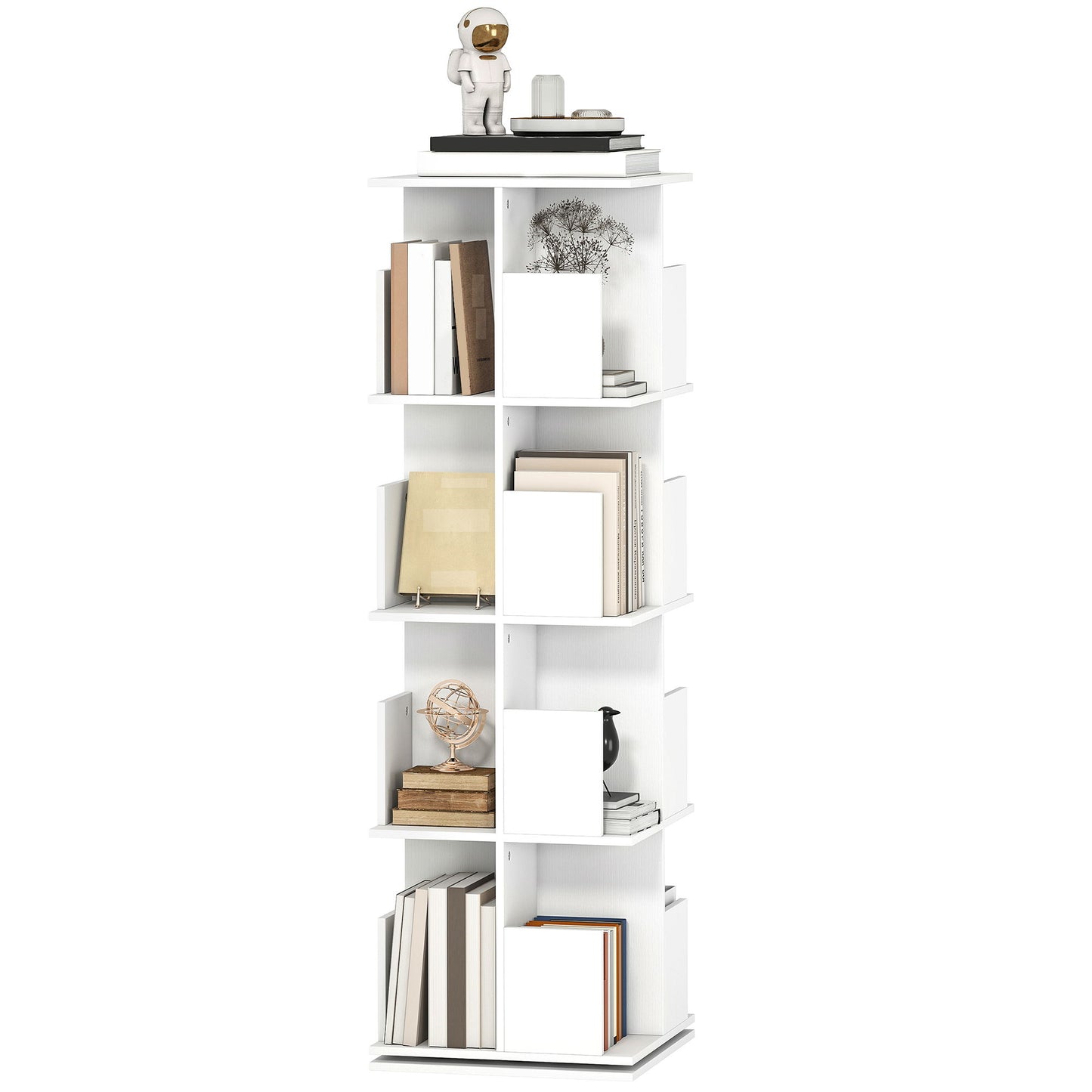 360° Rotating Bookcase, 4 Tier Bookshelf with 16 Cubbies for Small Space, Living Room, Bedroom, Study, White Wood Grain
