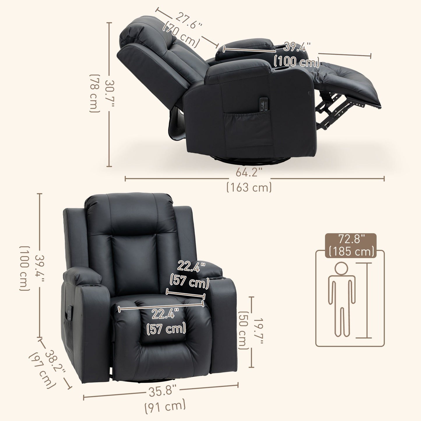 Swivel Massage Recliner Rocker with Cup Holders - Black