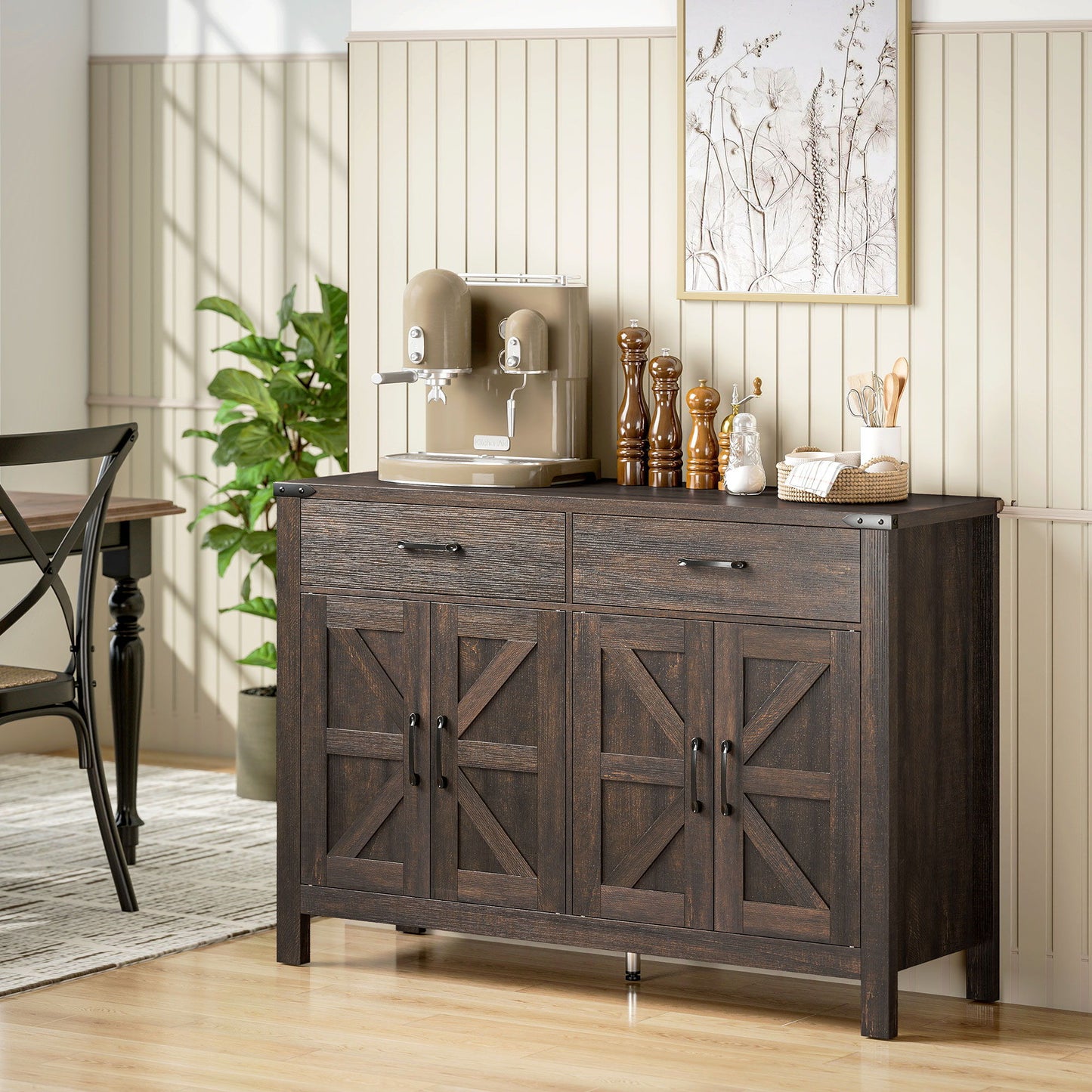 Sideboard Buffet Cabinet, Farmhouse Kitchen Storage Cabinet w/ 2 Drawers and Shelves for Living Room, Entryway