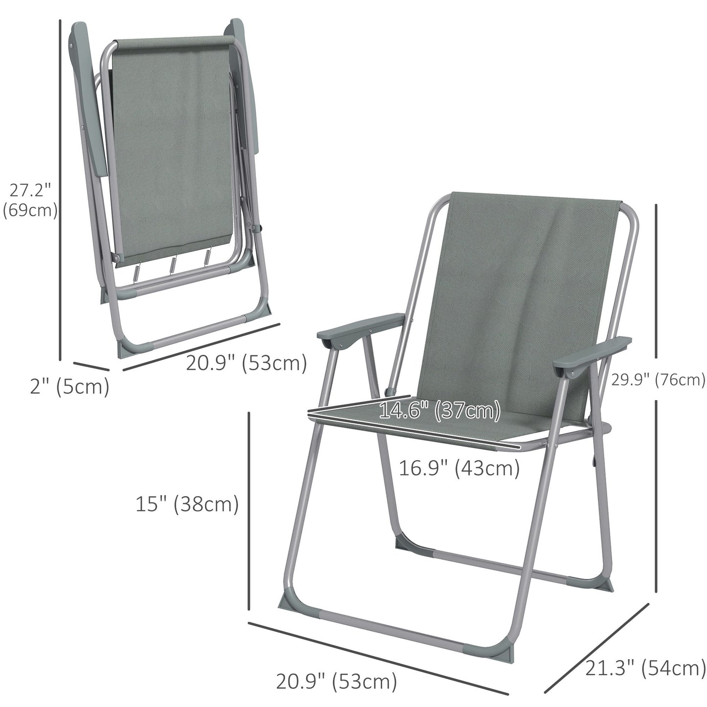 2 Pack Outdoor Folding Chair Set, Portable Camping Chairs with Armrest, Oxford Fabric Seat, Outdoor Chairs, Grey