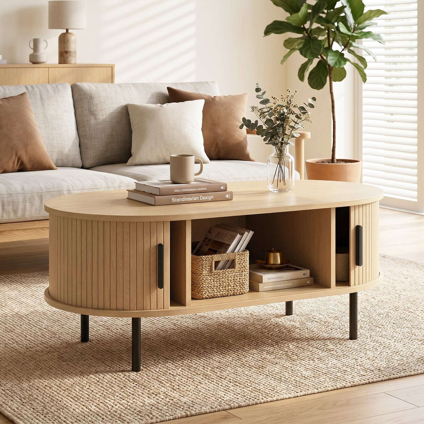 Coffee Table with Sliding Tambour Doors and Storage Center Table with Metal Legs, 39", Natural